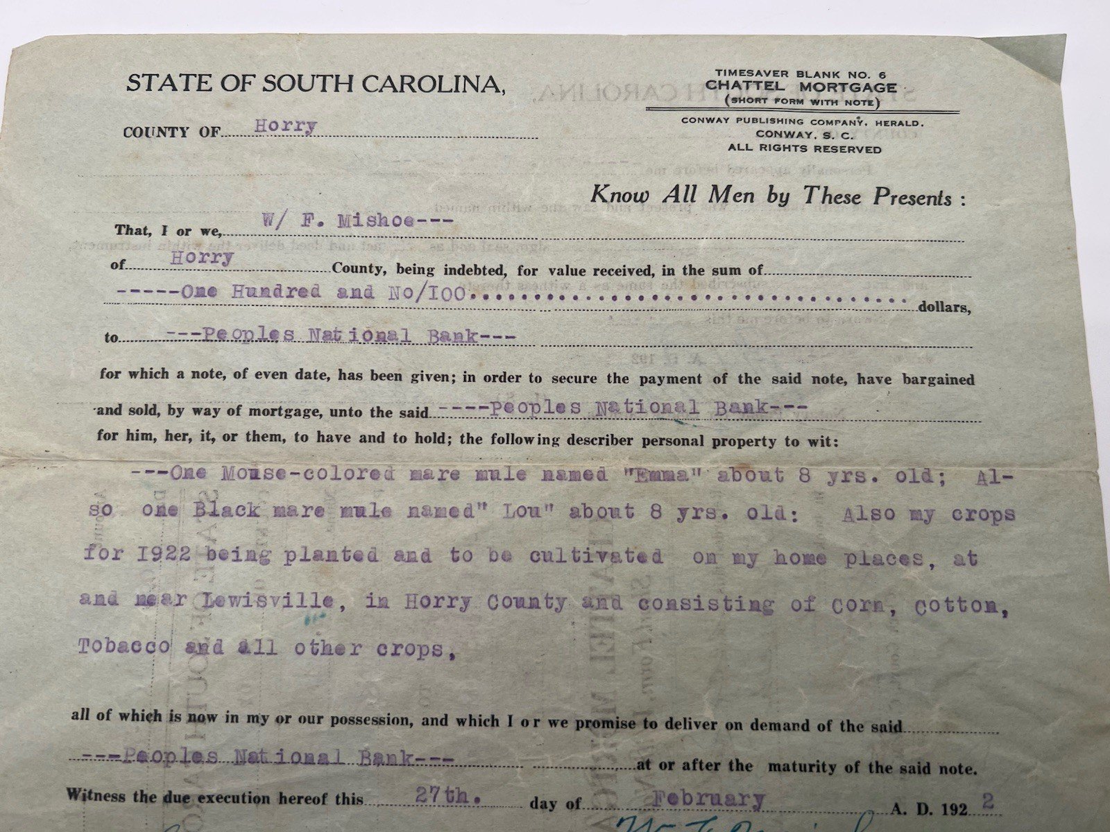 1922 Horry County SC Chattel Mortgage W.F. Mishoe 2 Mules Crops # 1150 photo 2