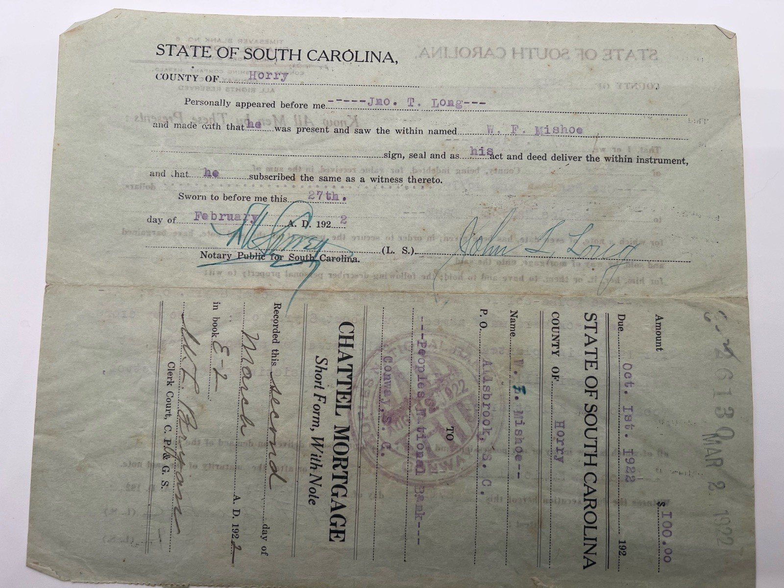 1922 Horry County SC Chattel Mortgage W.F. Mishoe 2 Mules Crops # 1150 photo 4