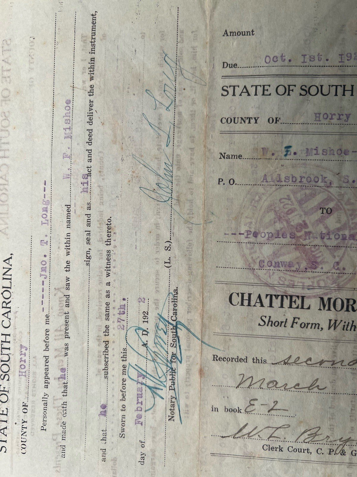 1922 Horry County SC Chattel Mortgage W.F. Mishoe 2 Mules Crops # 1150 photo 5