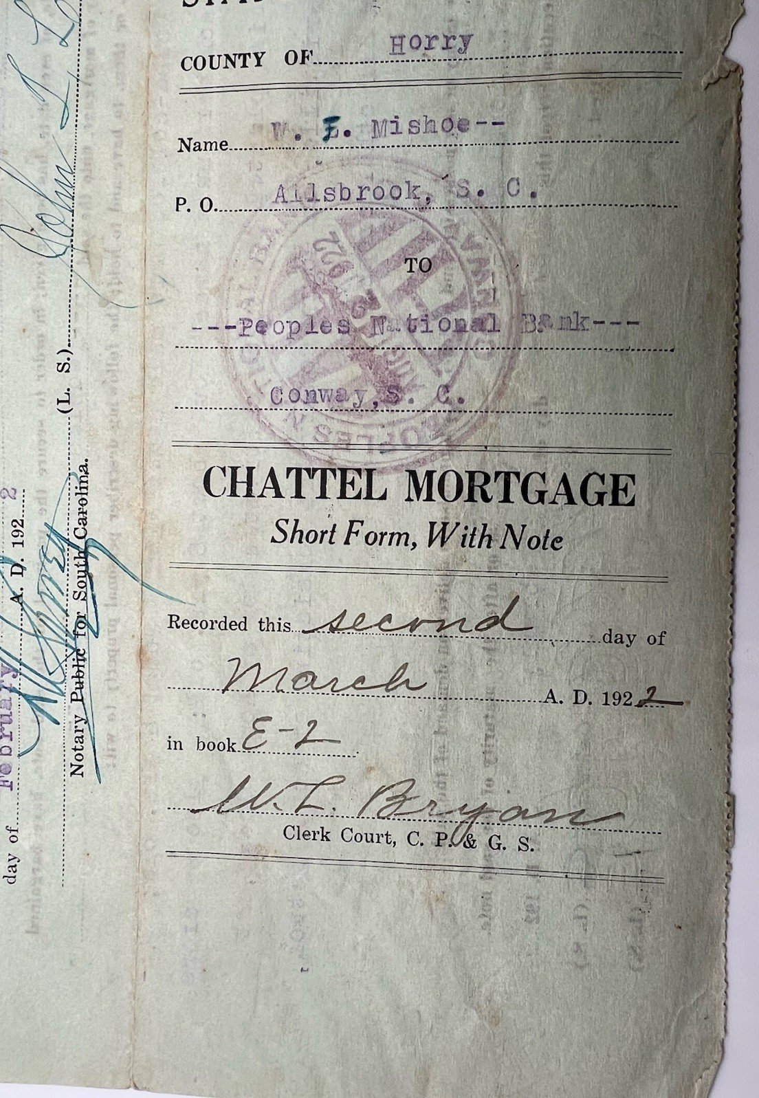 1922 Horry County SC Chattel Mortgage W.F. Mishoe 2 Mules Crops # 1150 photo 6