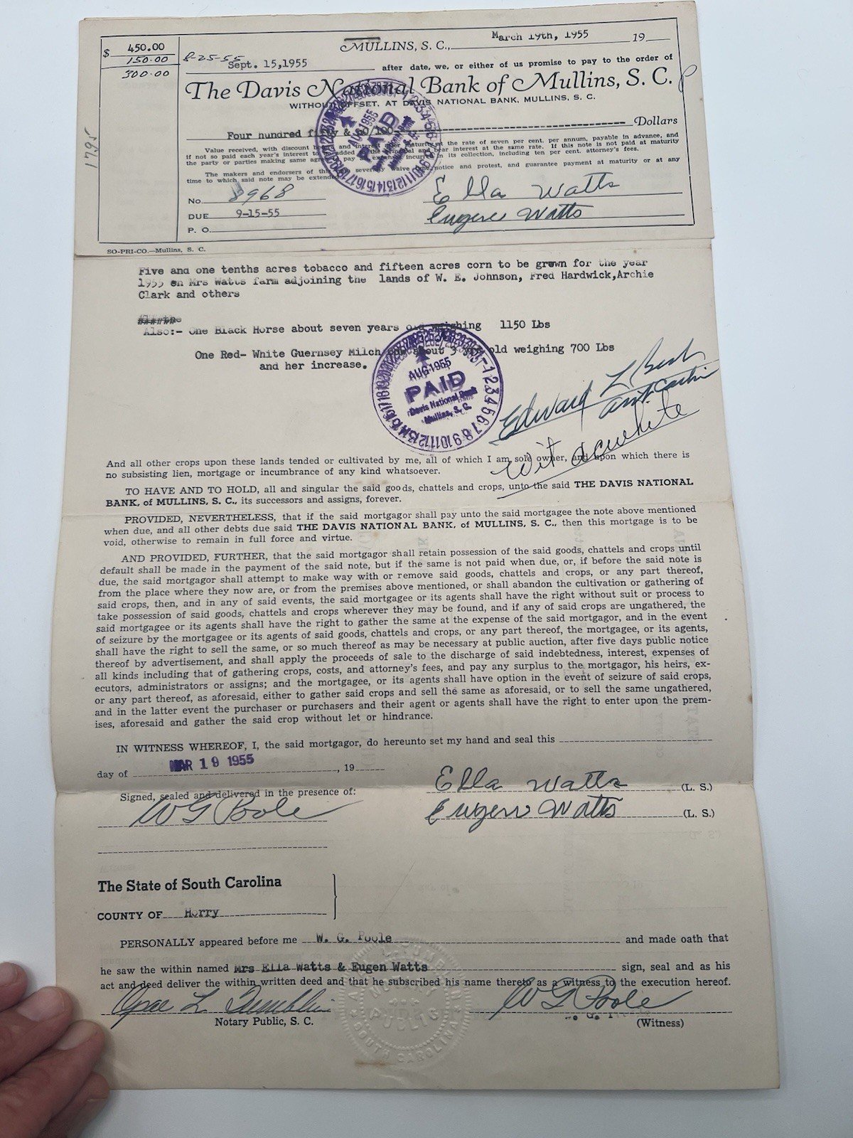 1955 SC Chattel Crop Mortgage Davis National Bank Horse Cow Tobacco Horry # 1151