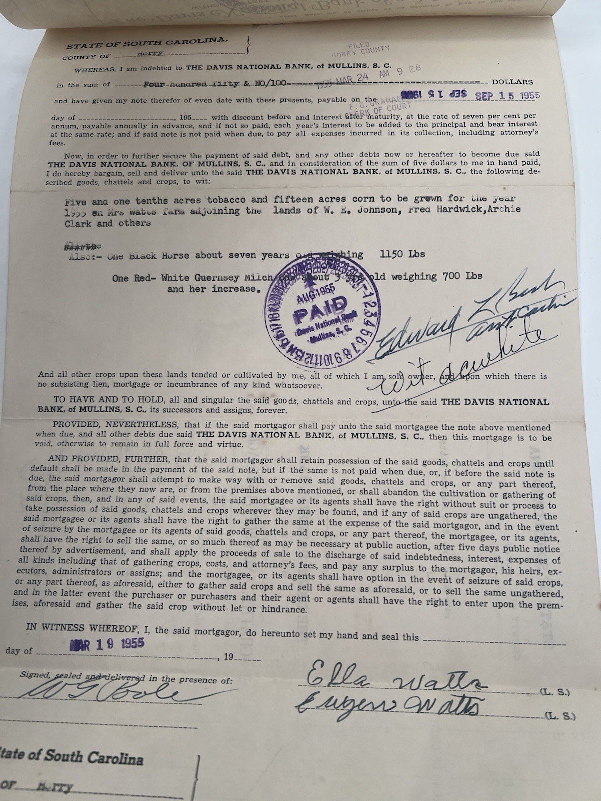 1955 SC Chattel Crop Mortgage Davis National Bank Horse Cow Tobacco Horry # 1151 photo 2