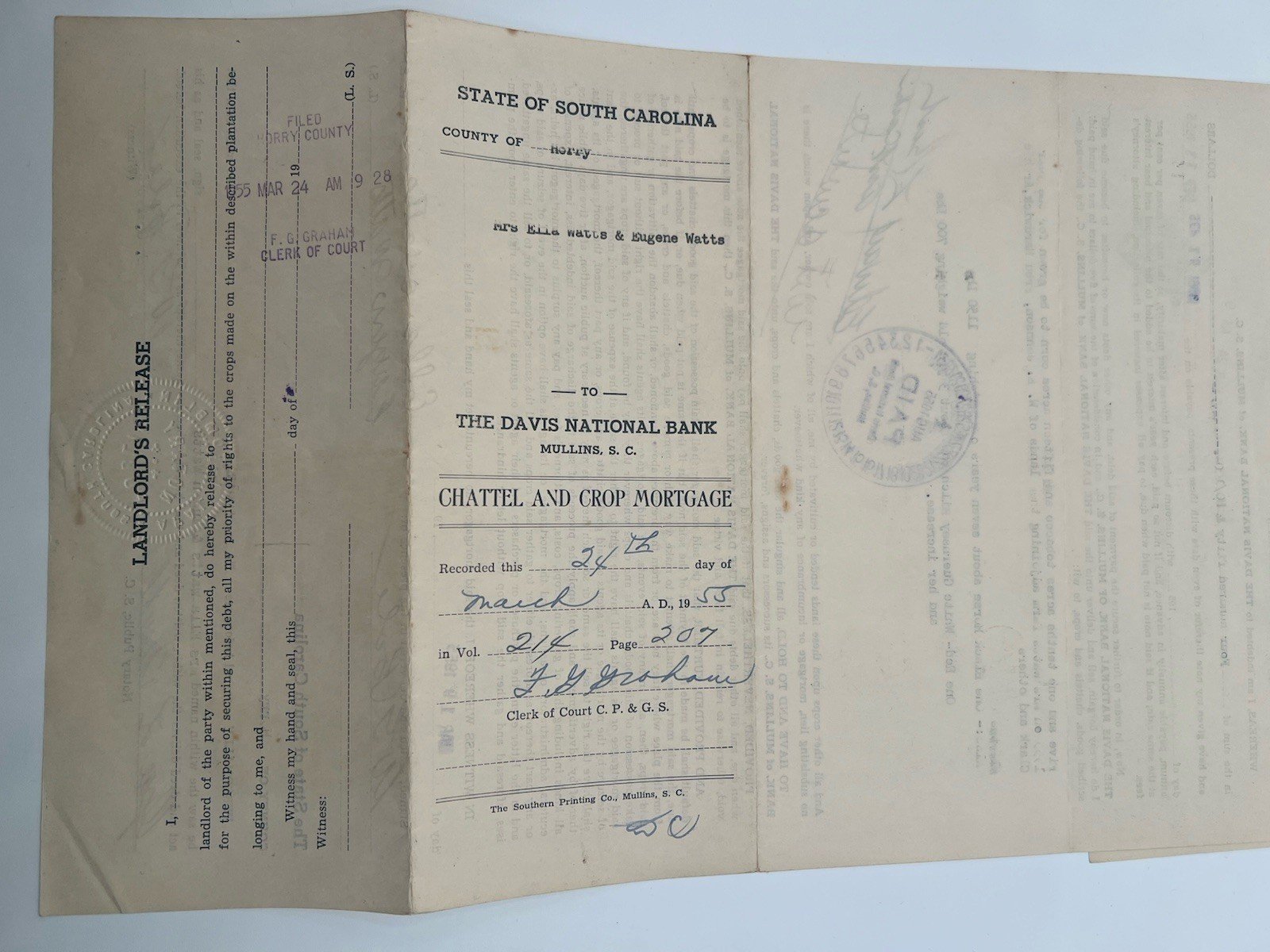 1955 SC Chattel Crop Mortgage Davis National Bank Horse Cow Tobacco Horry # 1151 photo 7