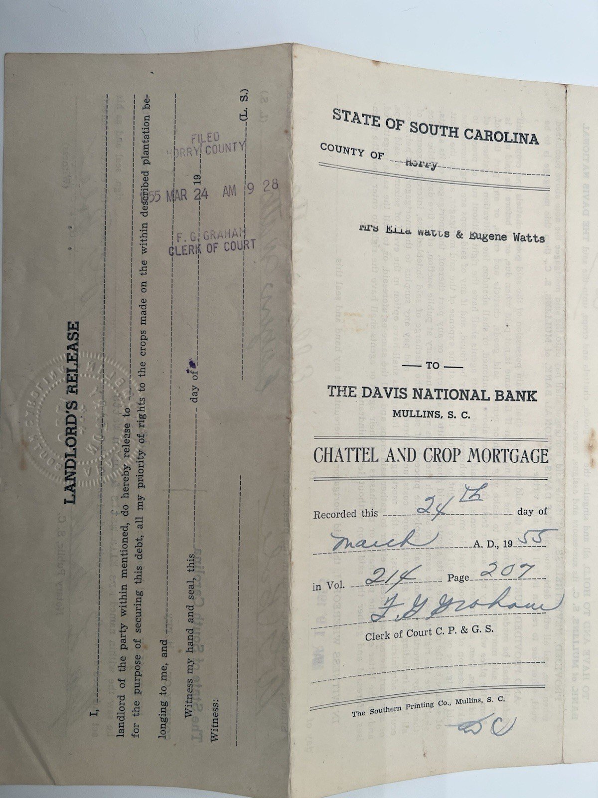1955 SC Chattel Crop Mortgage Davis National Bank Horse Cow Tobacco Horry # 1151 photo 8