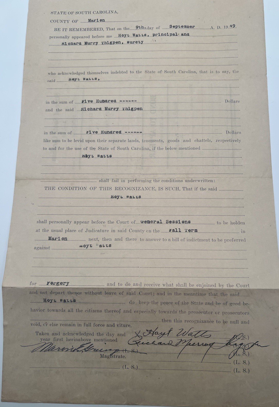 1949 SC Criminal Court Bond to Appear Forgery Marion County      # 1152