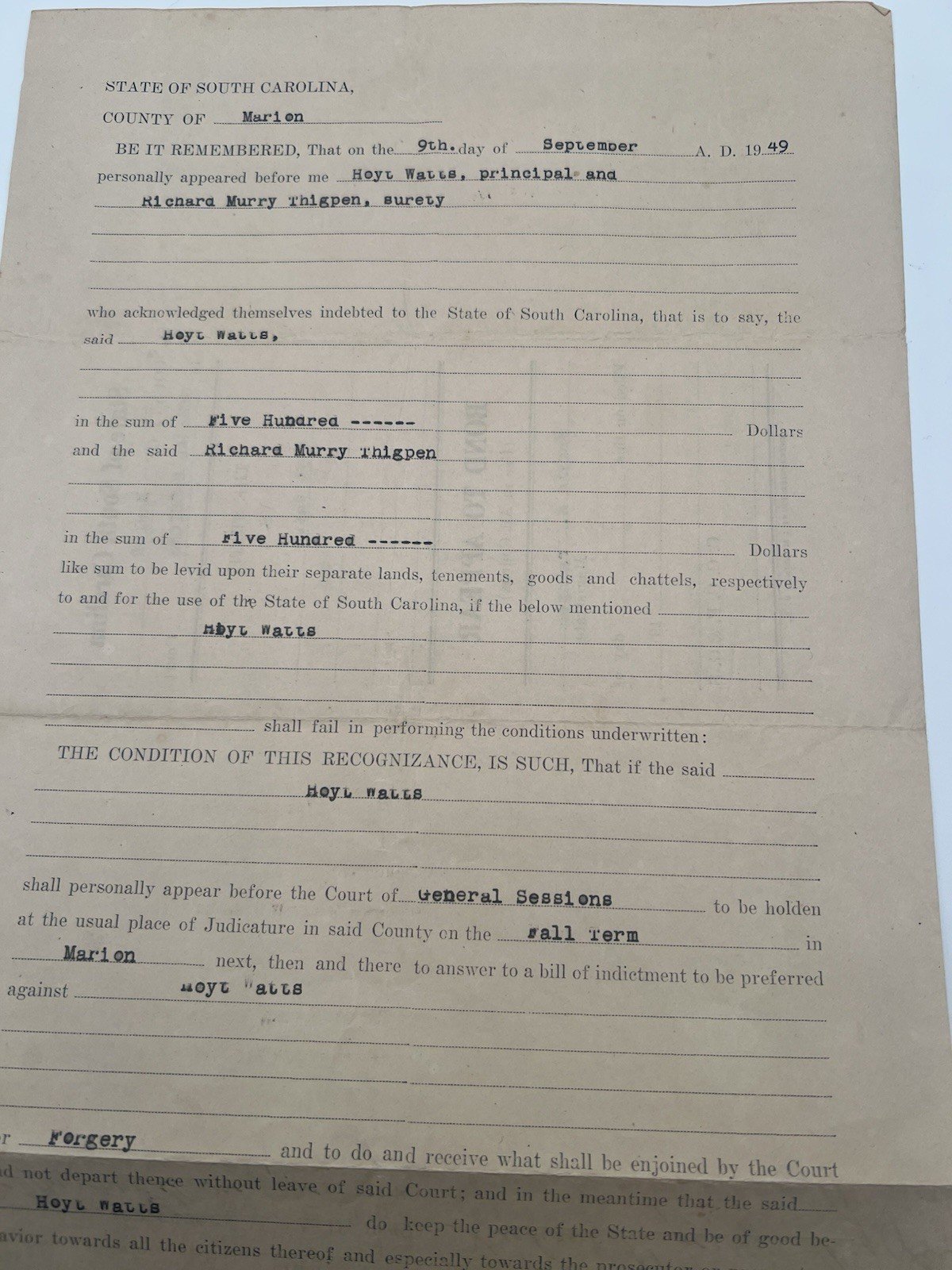 1949 SC Criminal Court Bond to Appear Forgery Marion County      # 1152 photo 2
