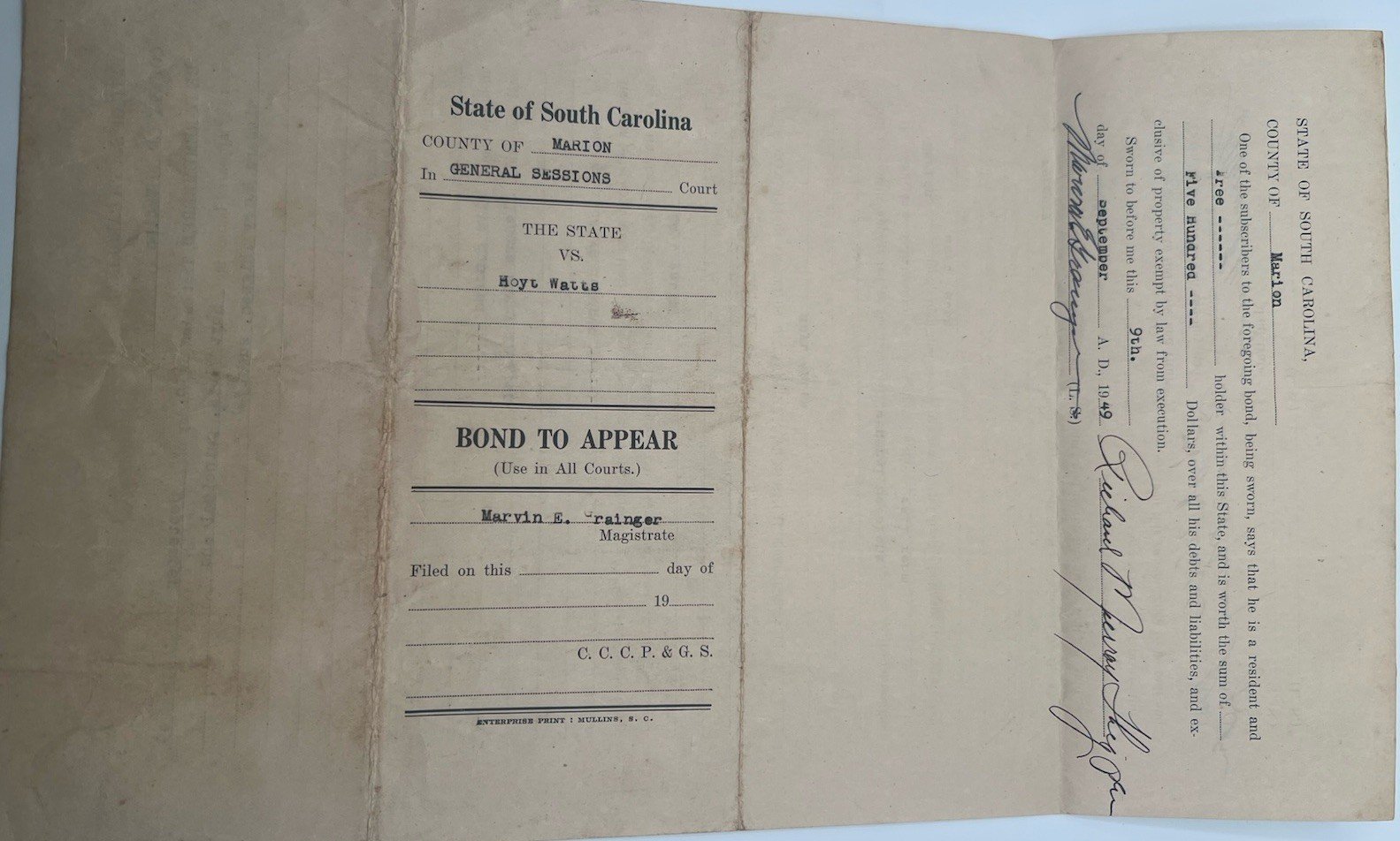 1949 SC Criminal Court Bond to Appear Forgery Marion County      # 1152 photo 4