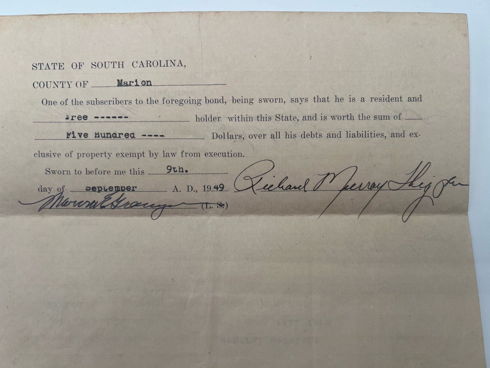 1949 SC Criminal Court Bond to Appear Forgery Marion County      # 1152 photo 5