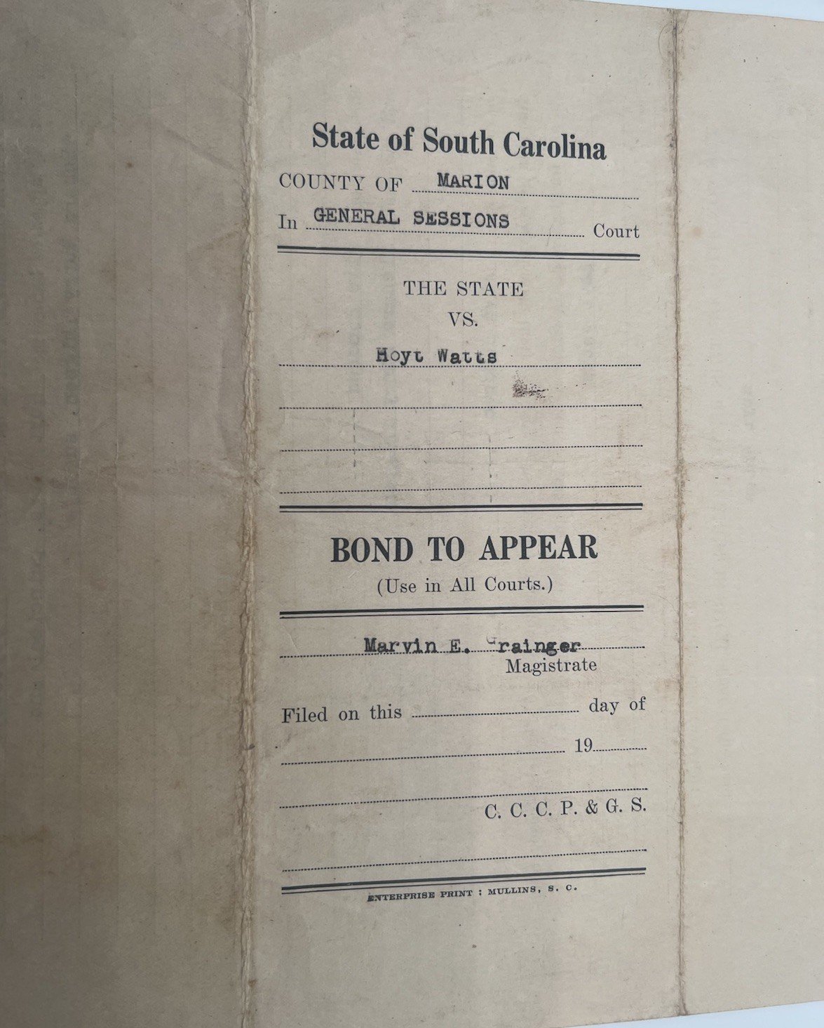 1949 SC Criminal Court Bond to Appear Forgery Marion County      # 1152 photo 6