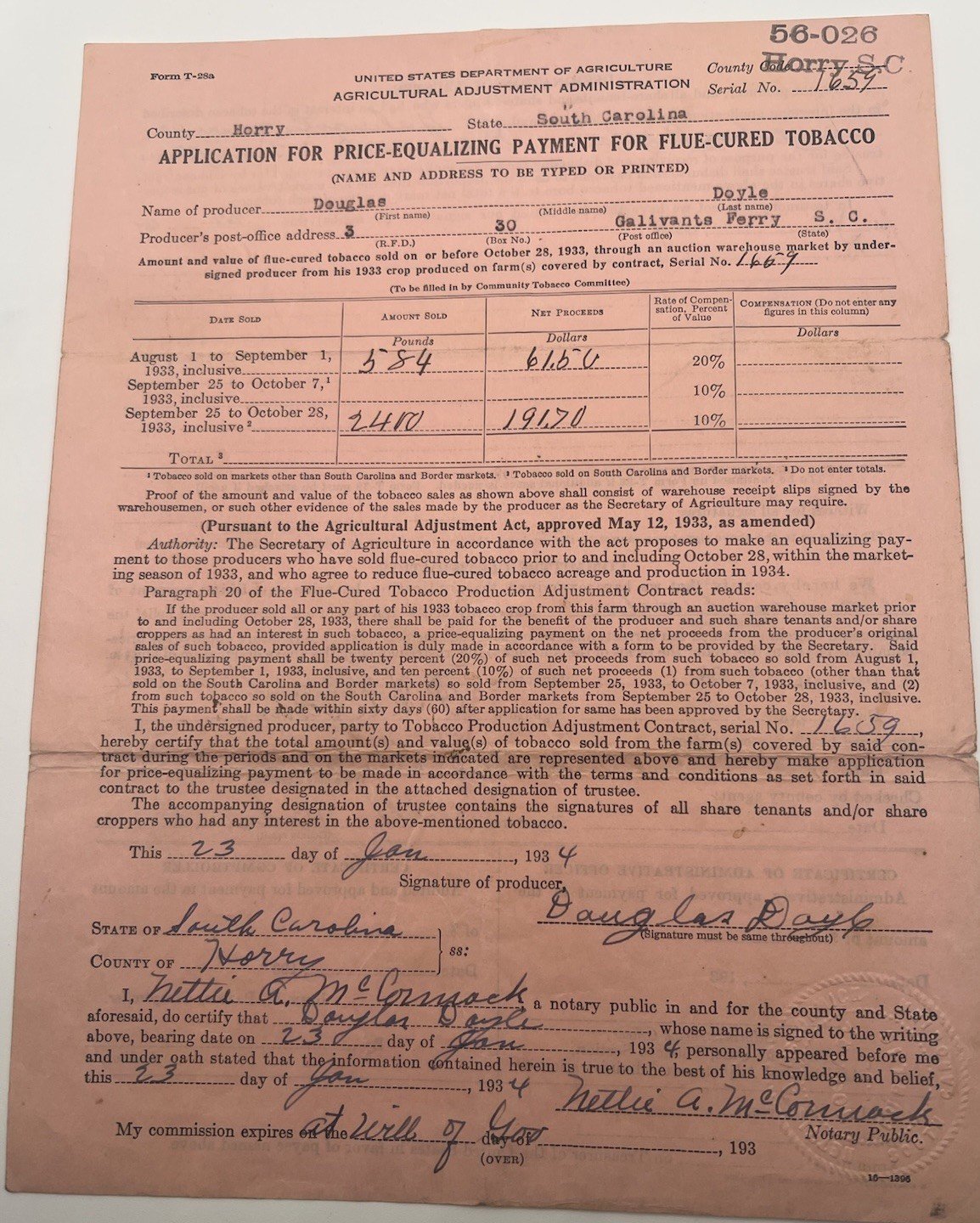 1934 FDR New Deal USDA Tobacco Payment Application Horry County SC # 1153