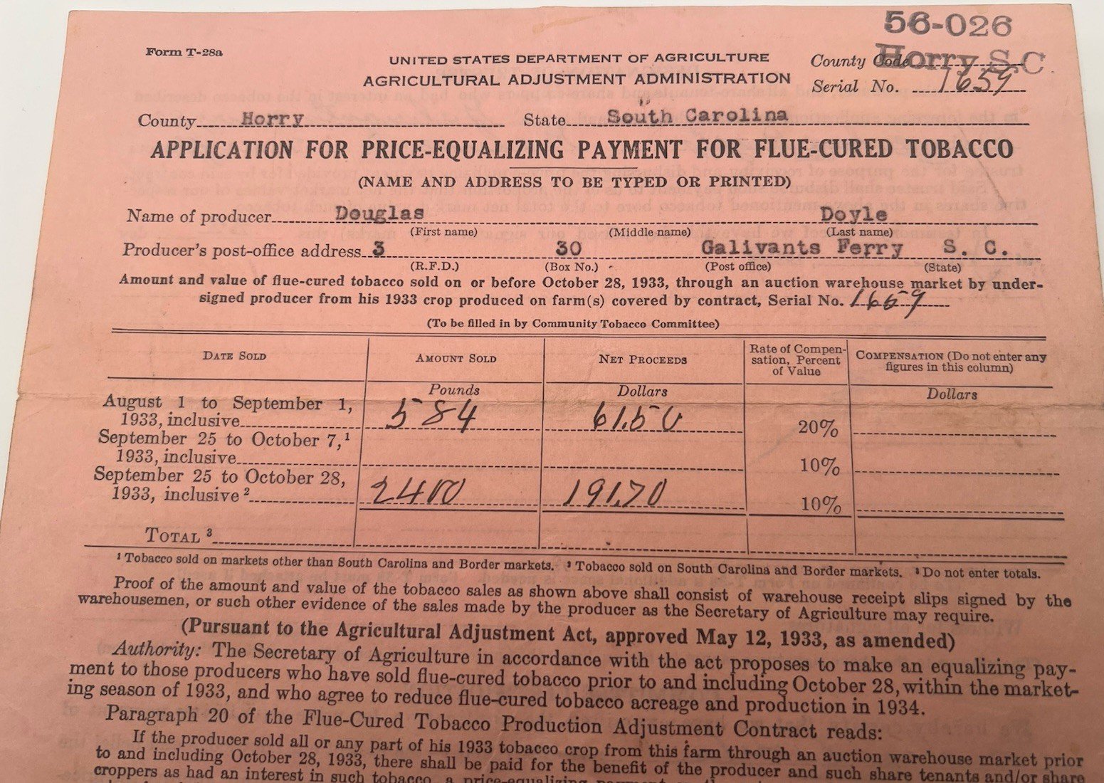 1934 FDR New Deal USDA Tobacco Payment Application Horry County SC # 1153 photo 2