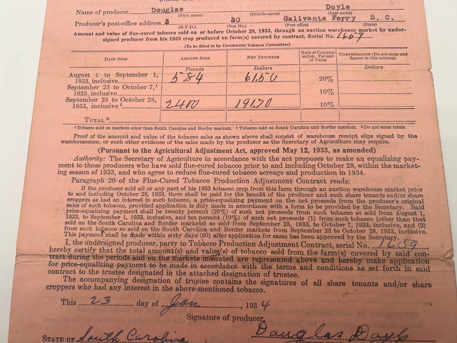 1934 FDR New Deal USDA Tobacco Payment Application Horry County SC # 1153 photo 3