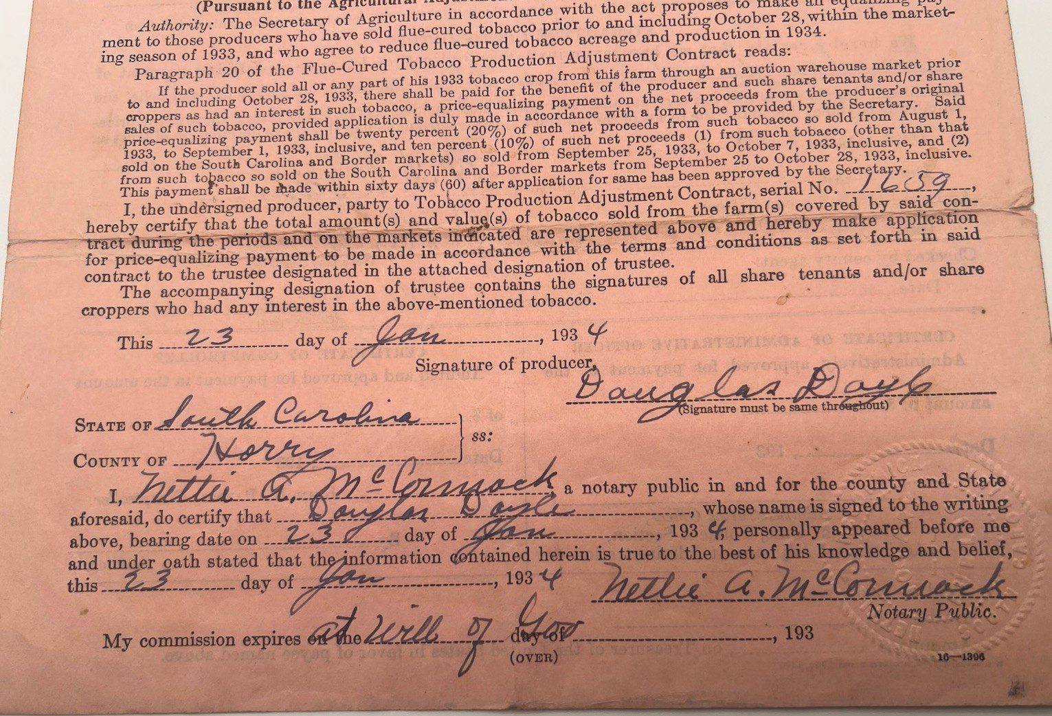 1934 FDR New Deal USDA Tobacco Payment Application Horry County SC # 1153 photo 4