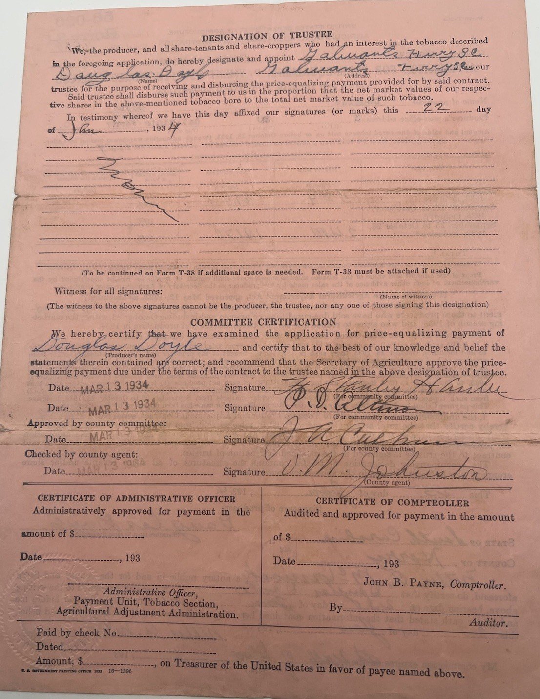 1934 FDR New Deal USDA Tobacco Payment Application Horry County SC # 1153 photo 6