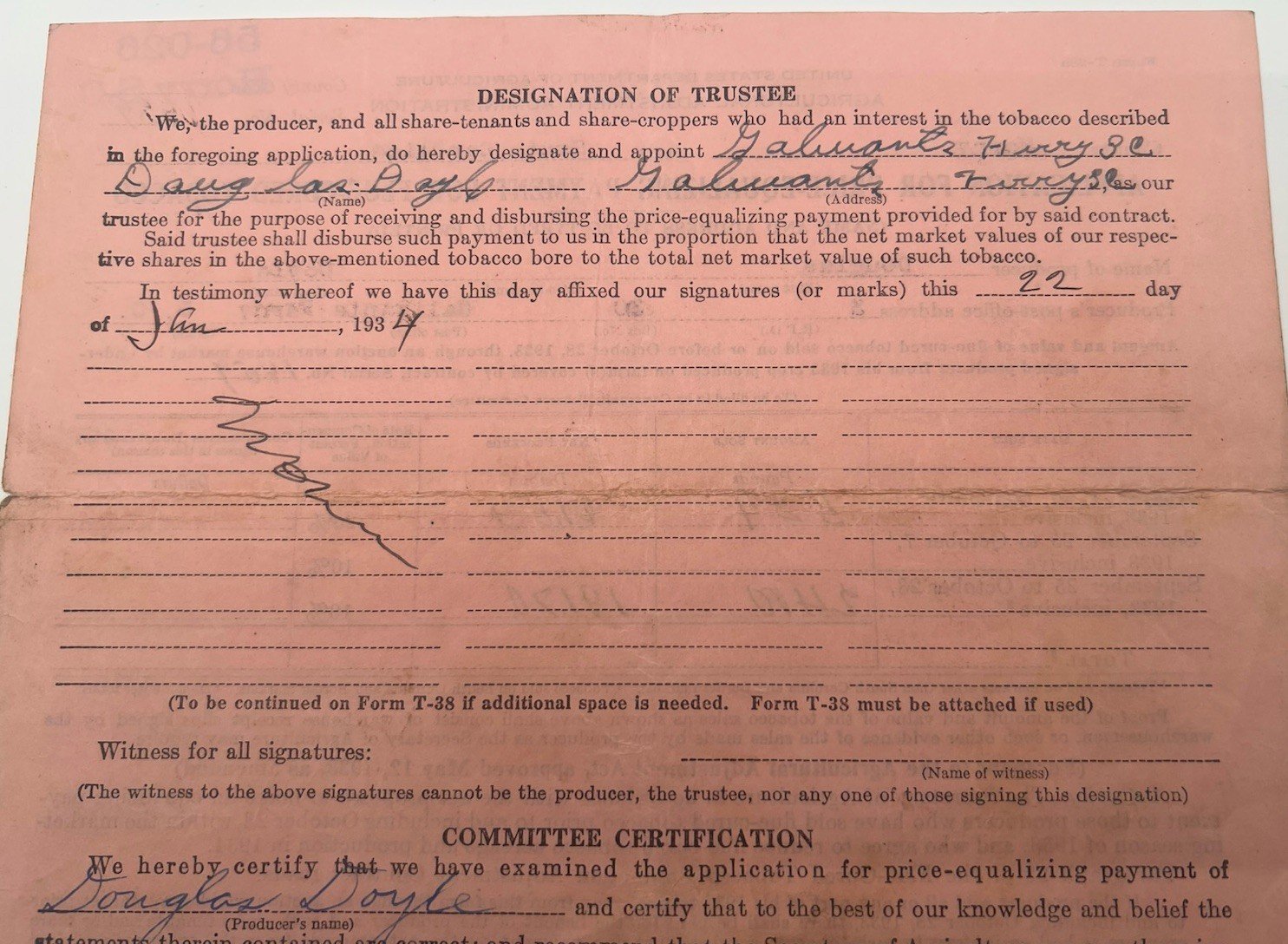 1934 FDR New Deal USDA Tobacco Payment Application Horry County SC # 1153 photo 7