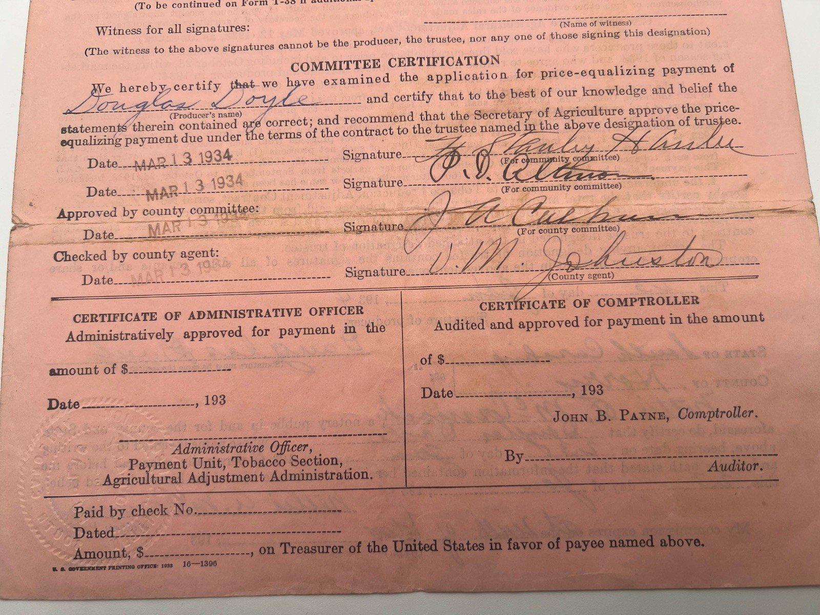 1934 FDR New Deal USDA Tobacco Payment Application Horry County SC # 1153 photo 9