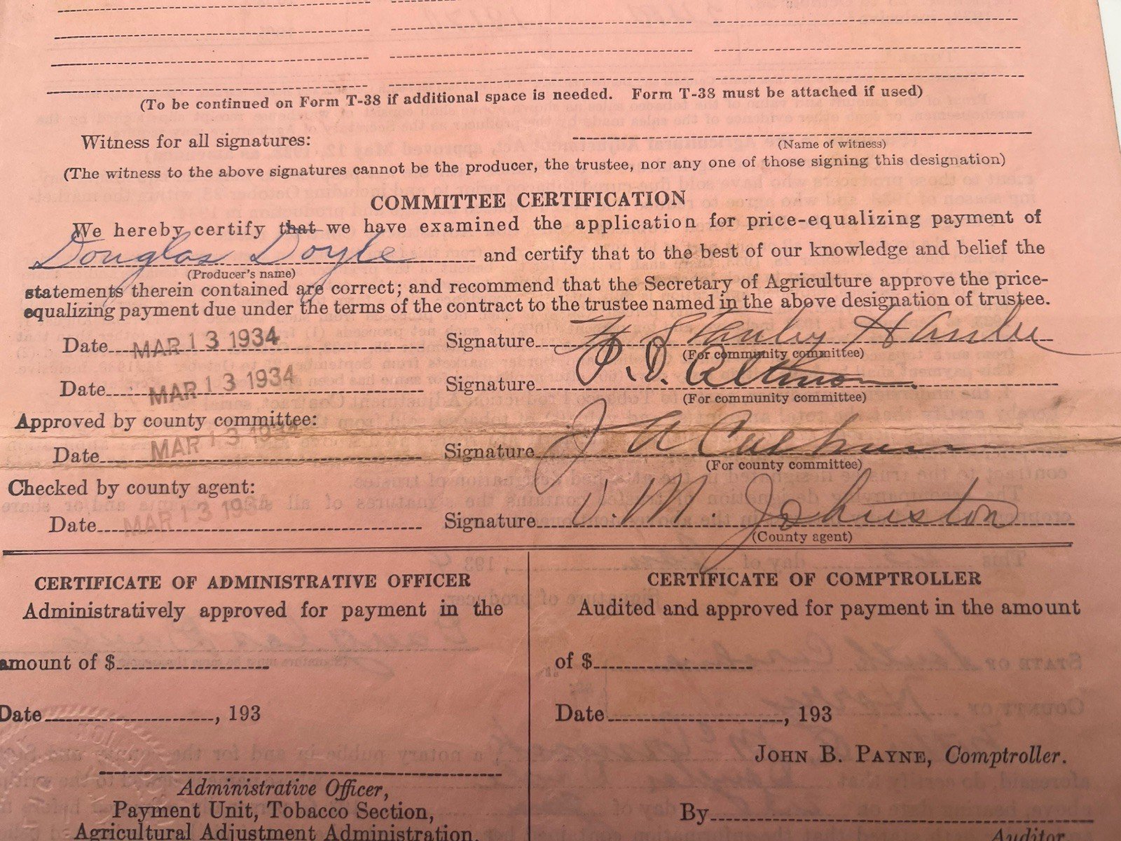 1934 FDR New Deal USDA Tobacco Payment Application Horry County SC # 1153 photo 10