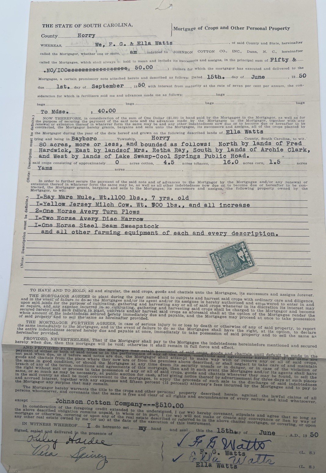 1950 SC Crop Mortgage Johnson Cotton Co Mule Cow Horry County # 1154