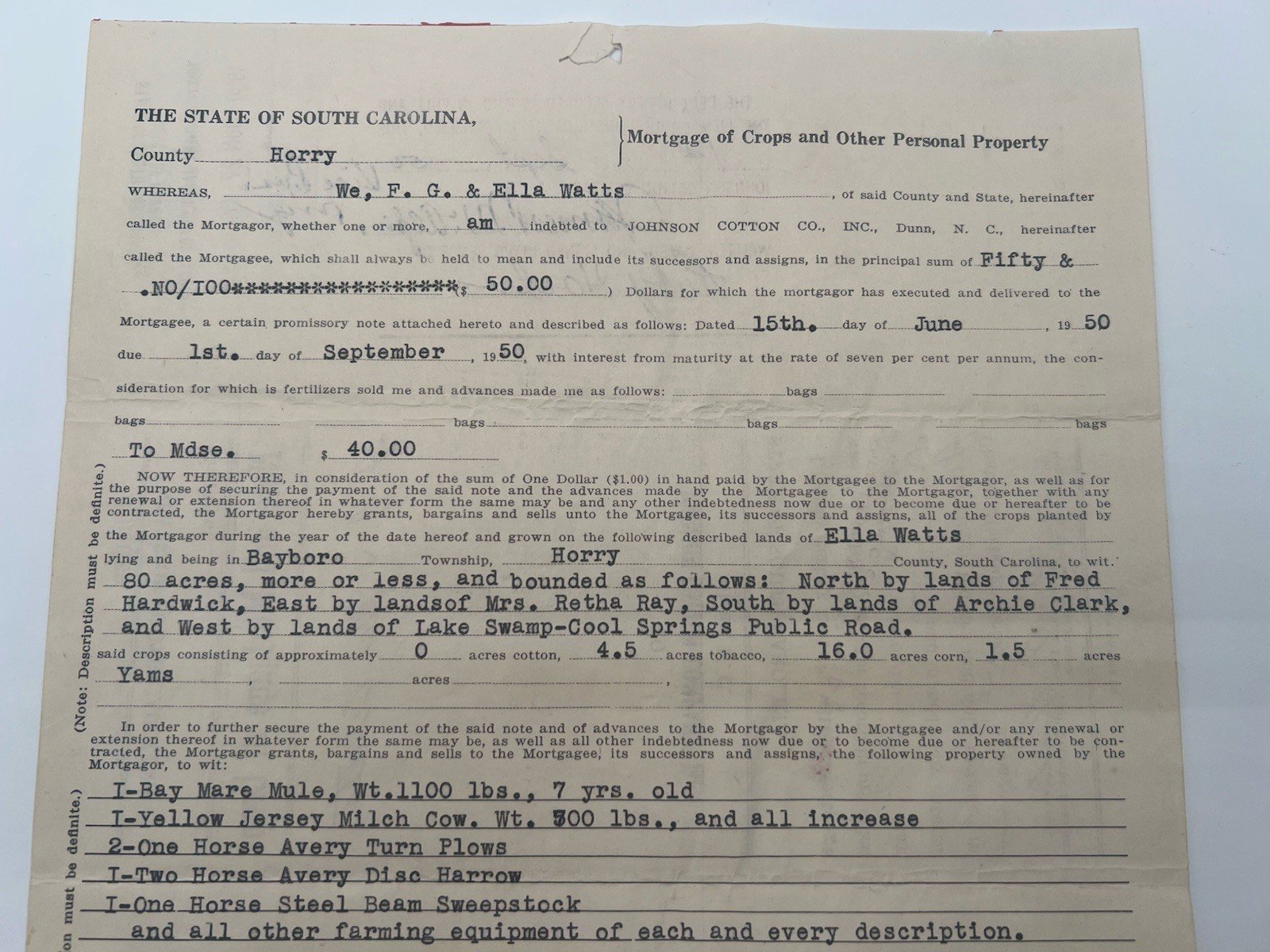 1950 SC Crop Mortgage Johnson Cotton Co Mule Cow Horry County # 1154 photo 2