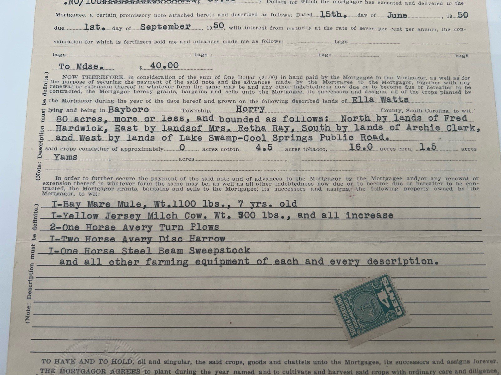 1950 SC Crop Mortgage Johnson Cotton Co Mule Cow Horry County # 1154 photo 3