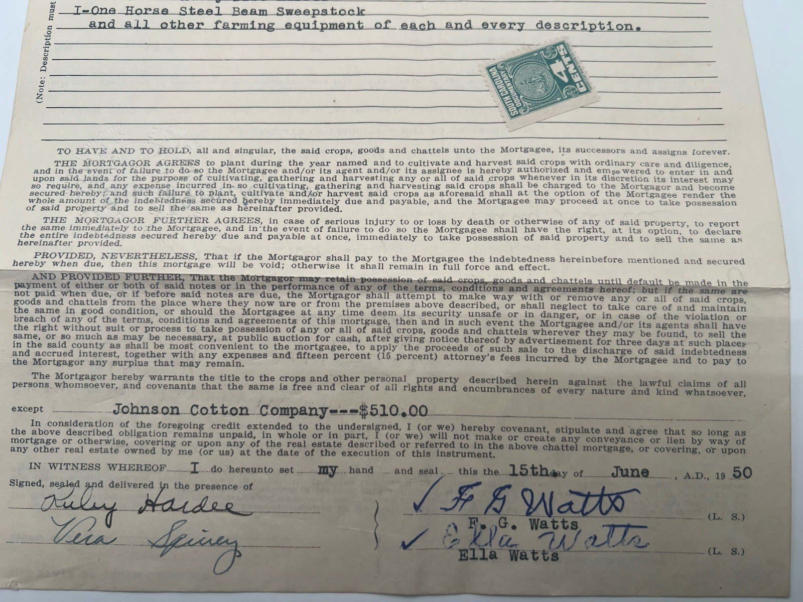 1950 SC Crop Mortgage Johnson Cotton Co Mule Cow Horry County # 1154 photo 4