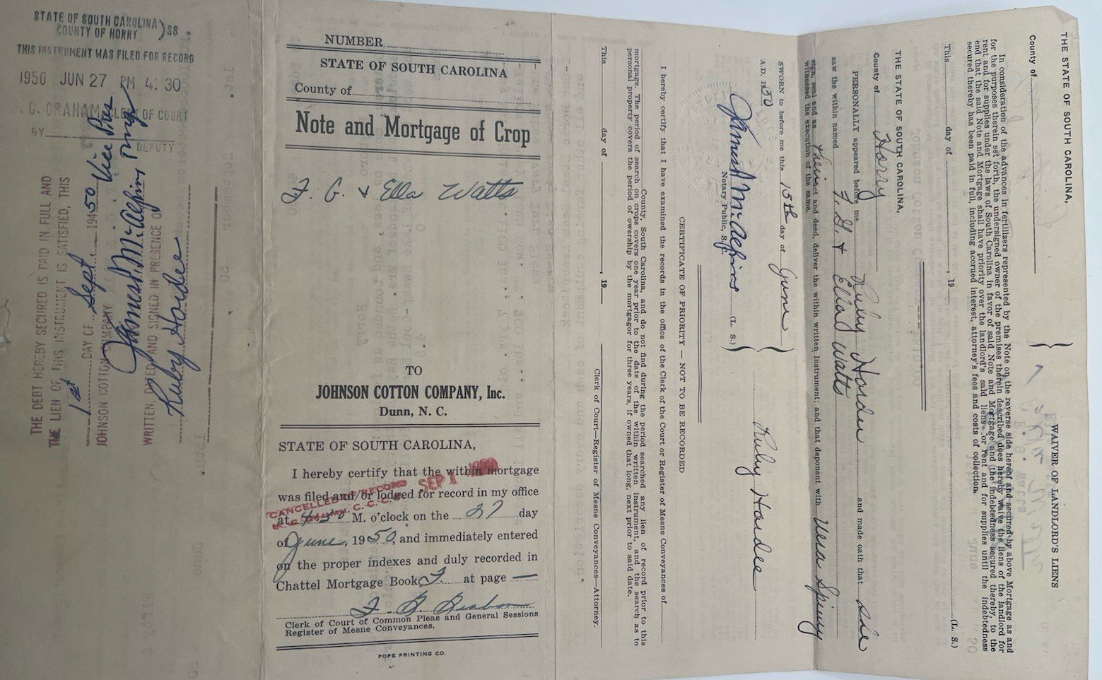 1950 SC Crop Mortgage Johnson Cotton Co Mule Cow Horry County # 1154 photo 5