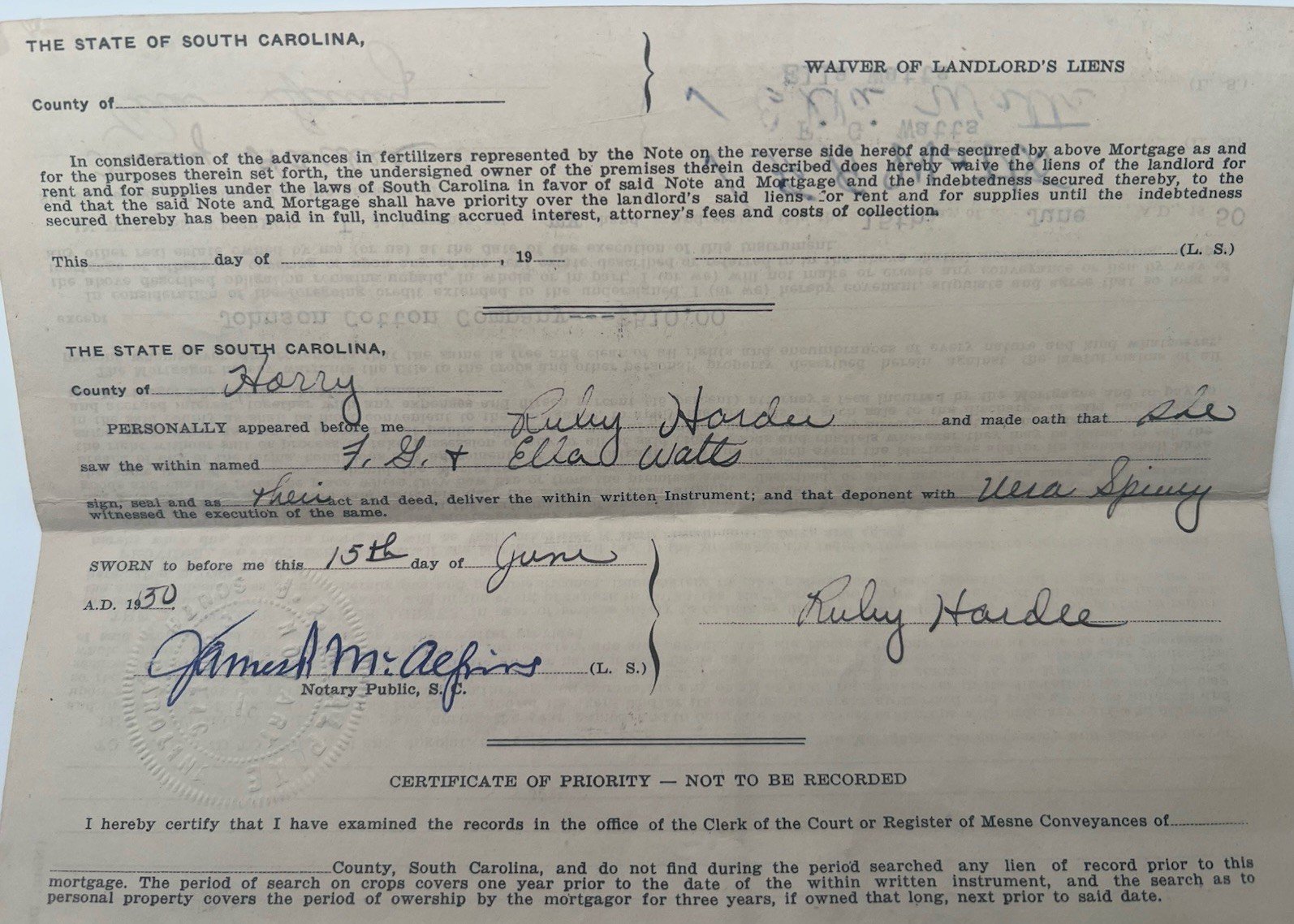 1950 SC Crop Mortgage Johnson Cotton Co Mule Cow Horry County # 1154 photo 6