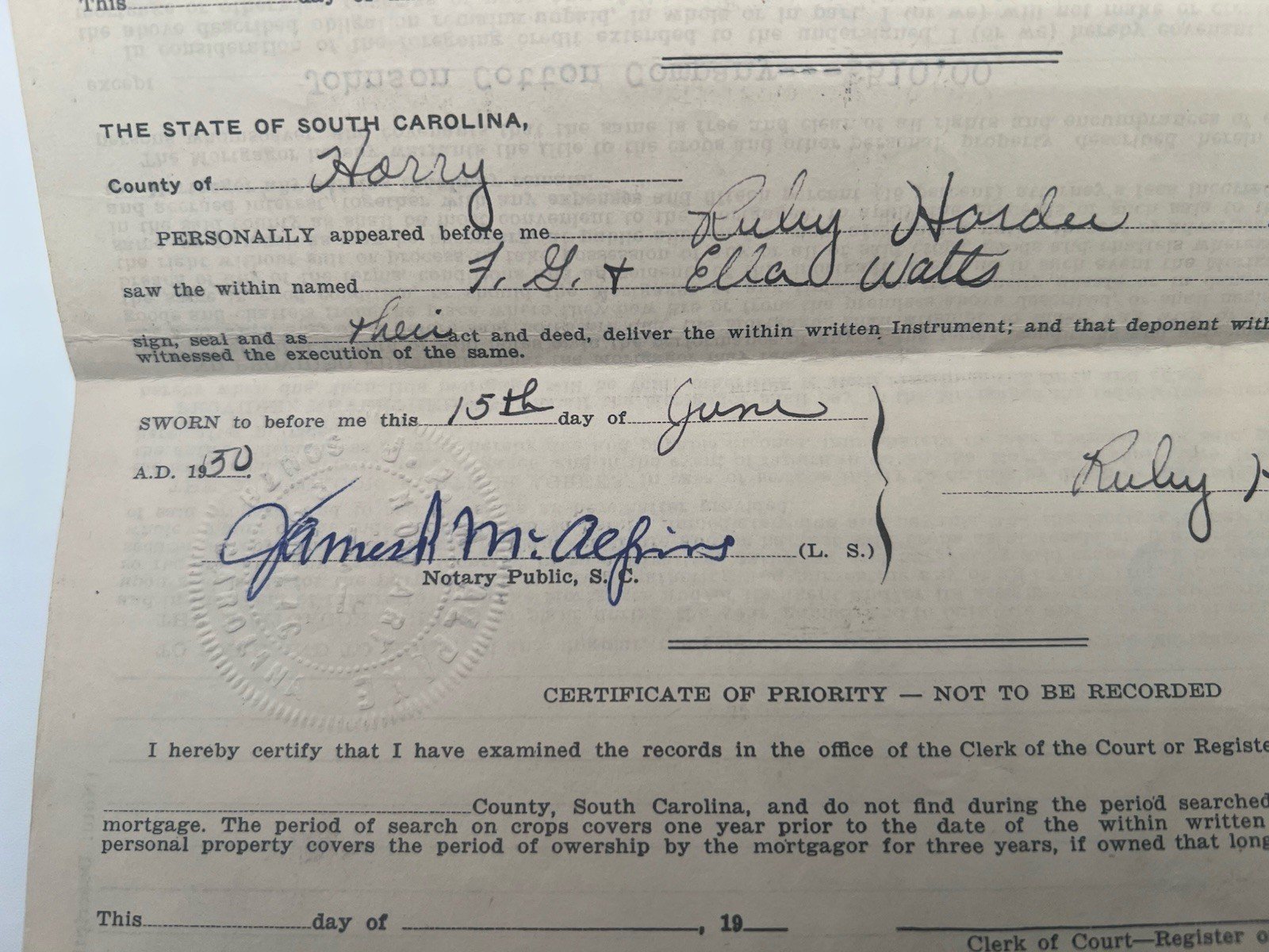 1950 SC Crop Mortgage Johnson Cotton Co Mule Cow Horry County # 1154 photo 7