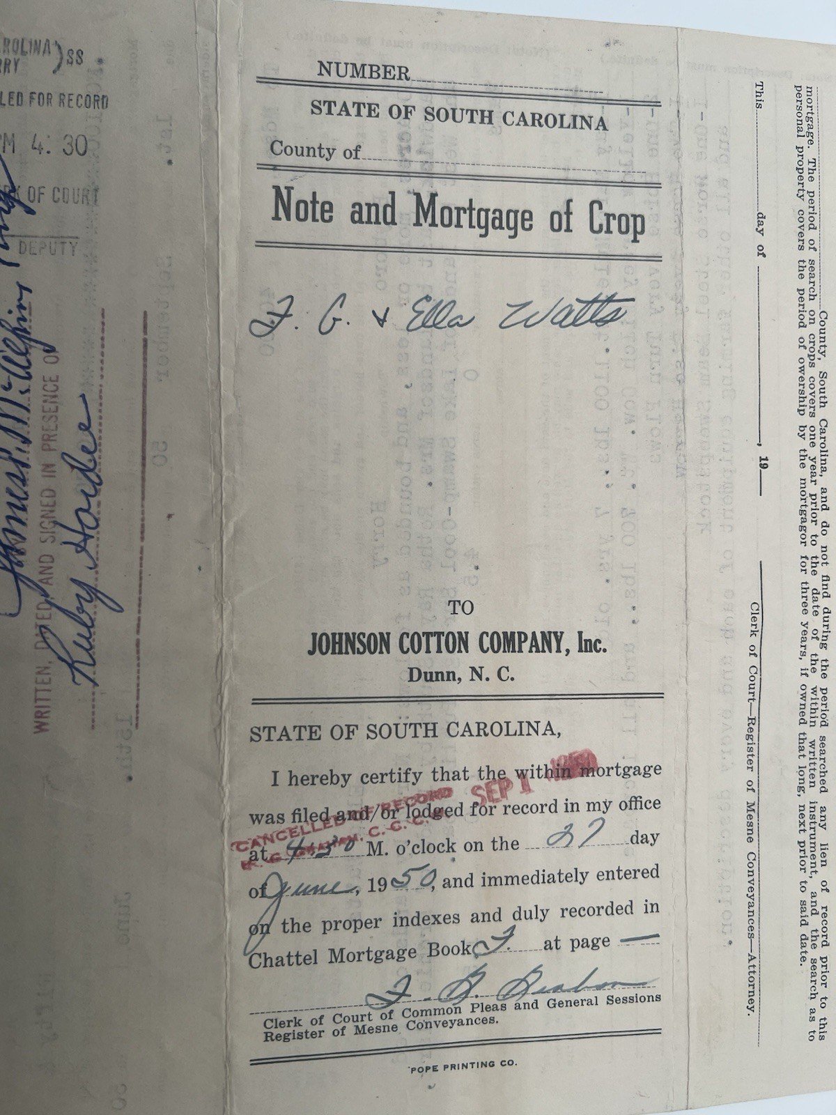 1950 SC Crop Mortgage Johnson Cotton Co Mule Cow Horry County # 1154 photo 8