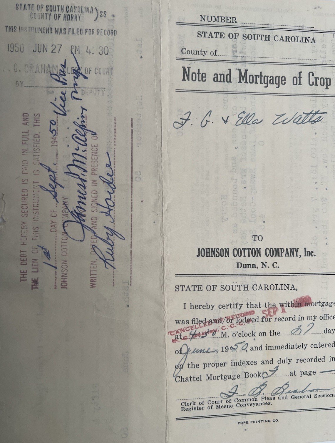 1950 SC Crop Mortgage Johnson Cotton Co Mule Cow Horry County # 1154 photo 9