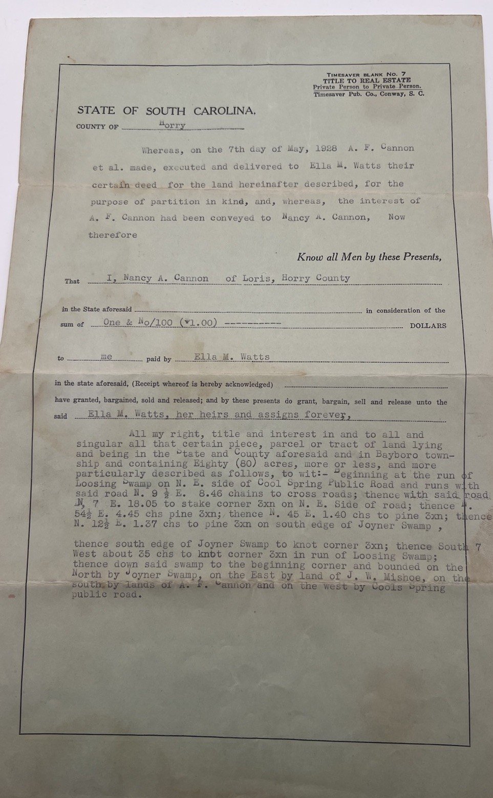 1937 Horry County SC Land Deed Nancy Cannon to Ella Watts 80 Acres # 1155
