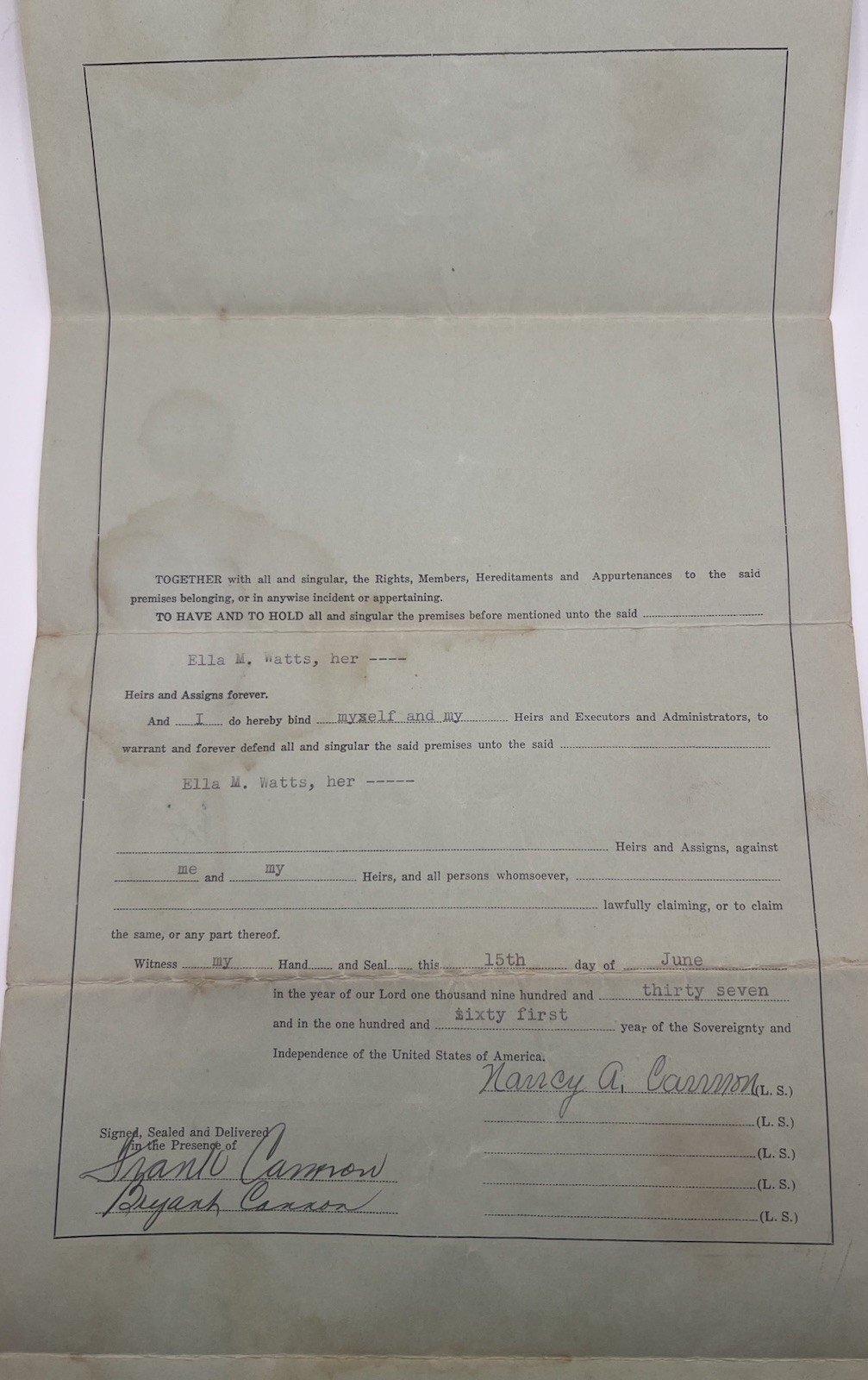 1937 Horry County SC Land Deed Nancy Cannon to Ella Watts 80 Acres # 1155 photo 2