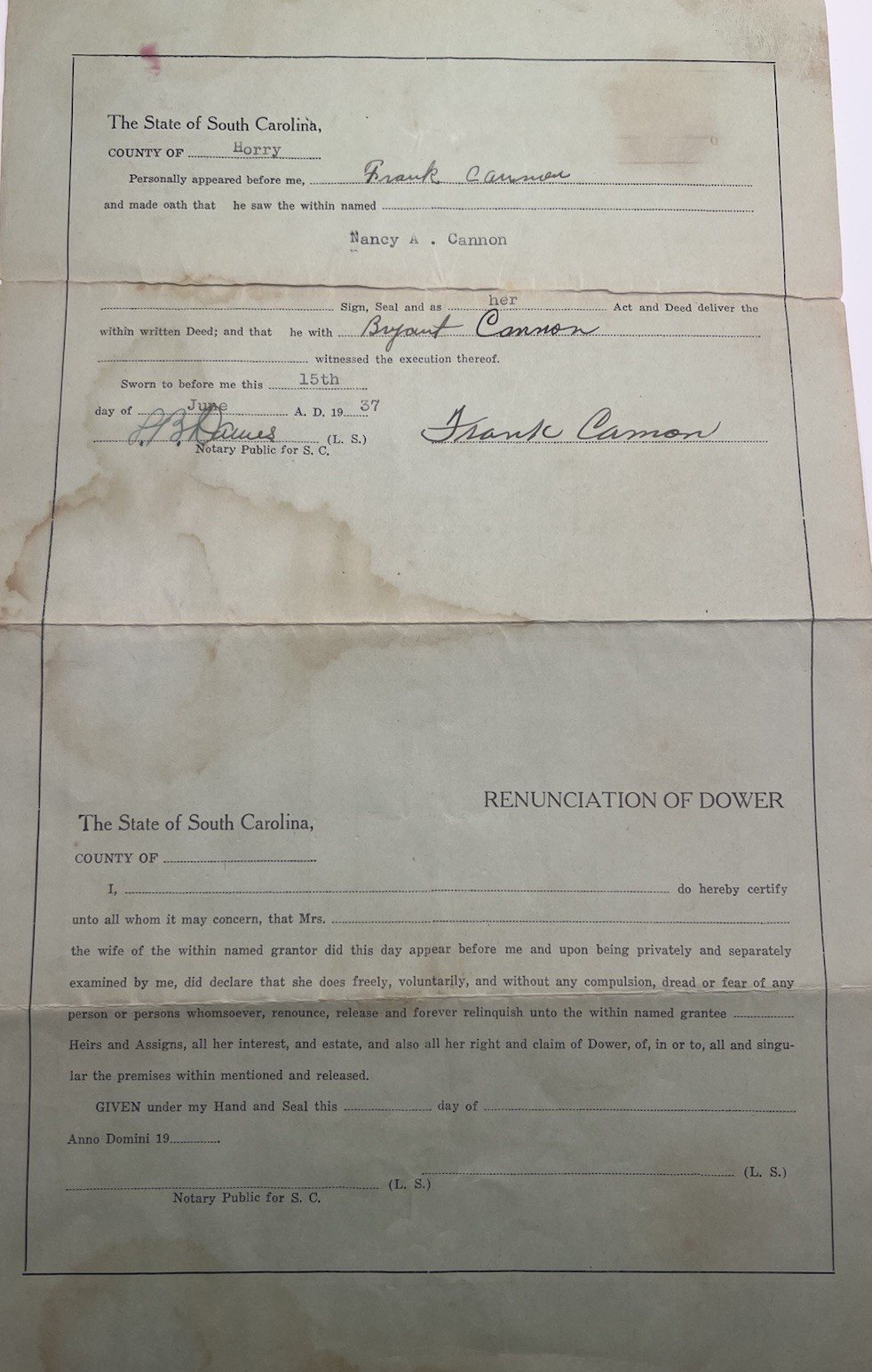 1937 Horry County SC Land Deed Nancy Cannon to Ella Watts 80 Acres # 1155 photo 3