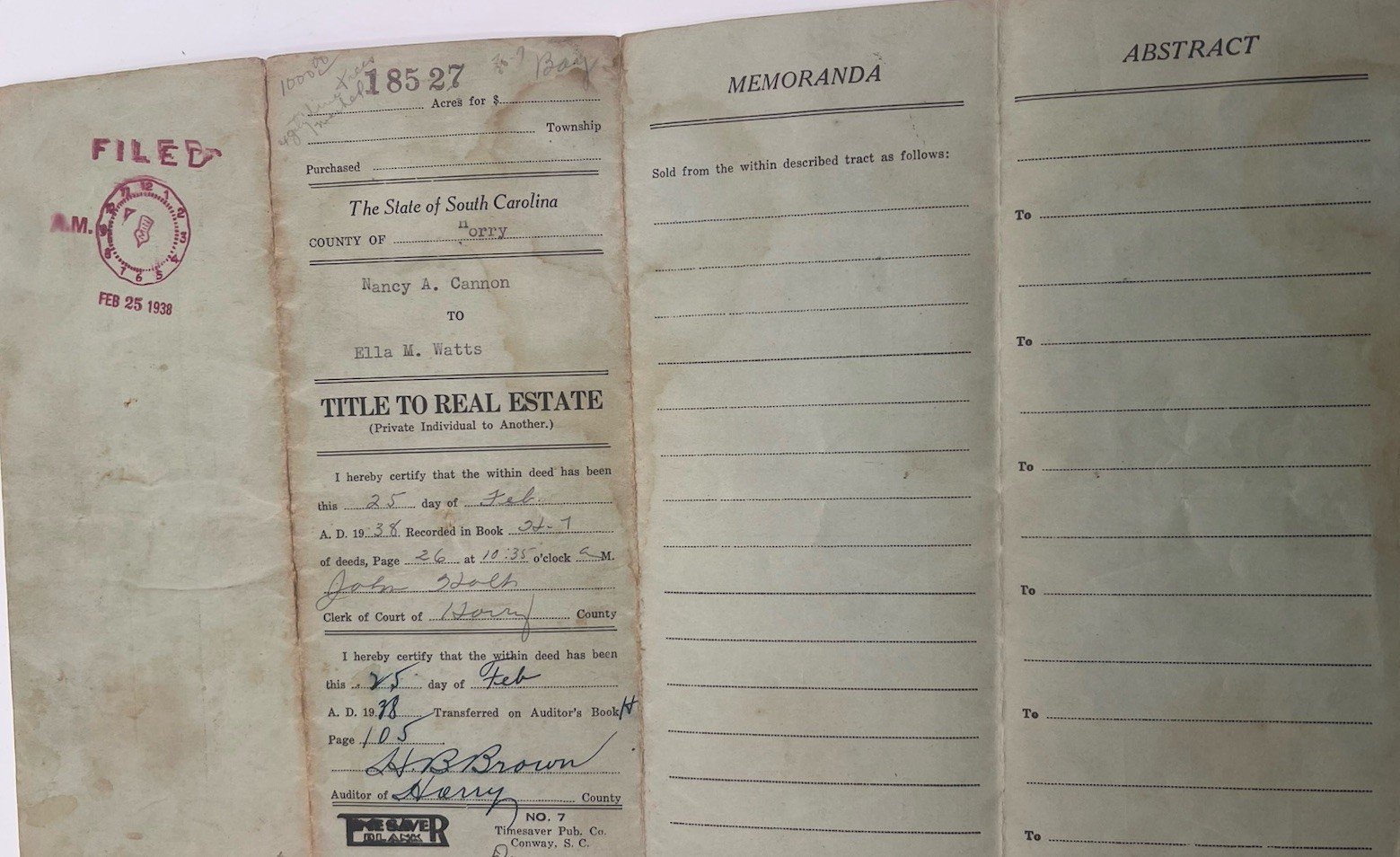 1937 Horry County SC Land Deed Nancy Cannon to Ella Watts 80 Acres # 1155 photo 4