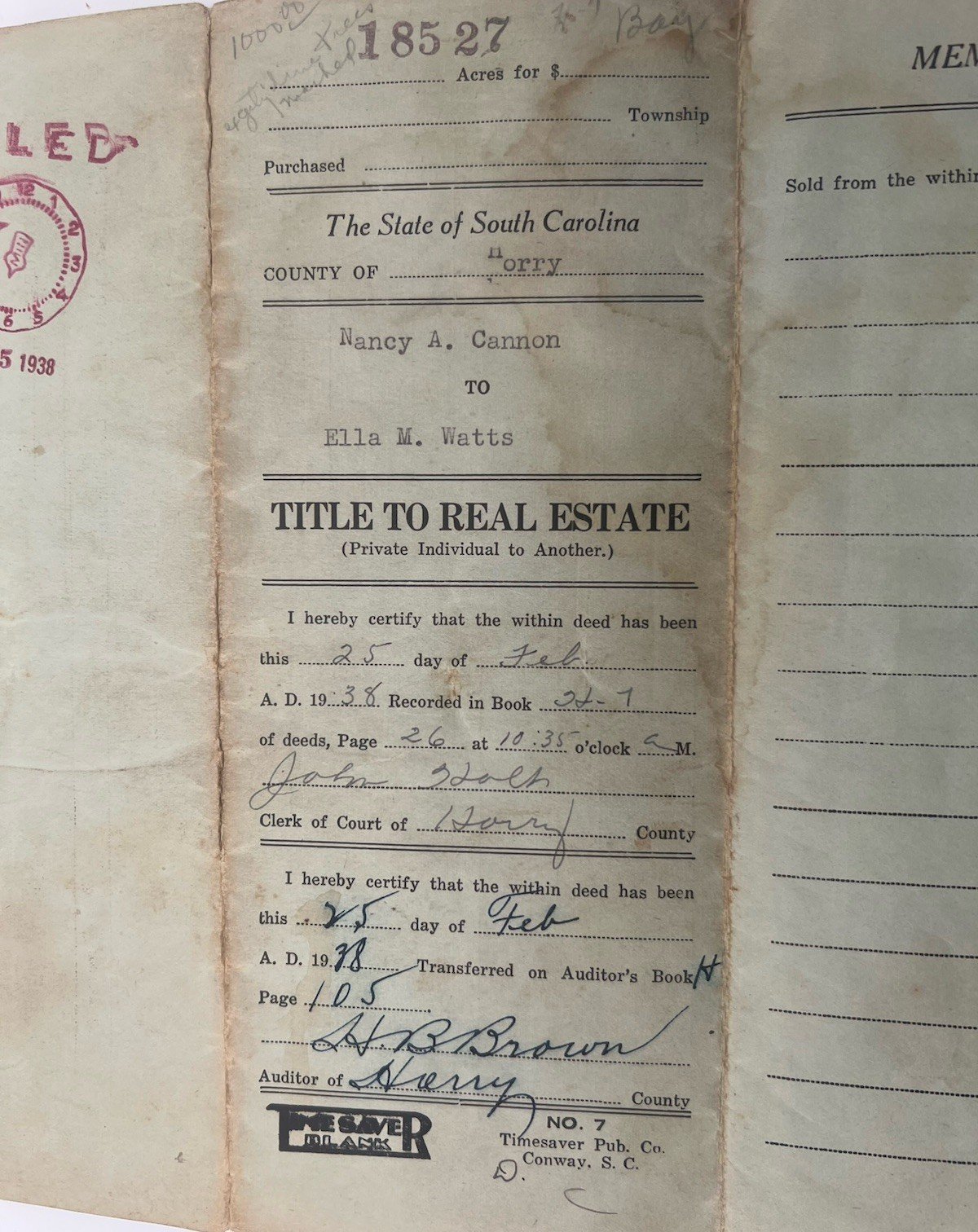 1937 Horry County SC Land Deed Nancy Cannon to Ella Watts 80 Acres # 1155 photo 5