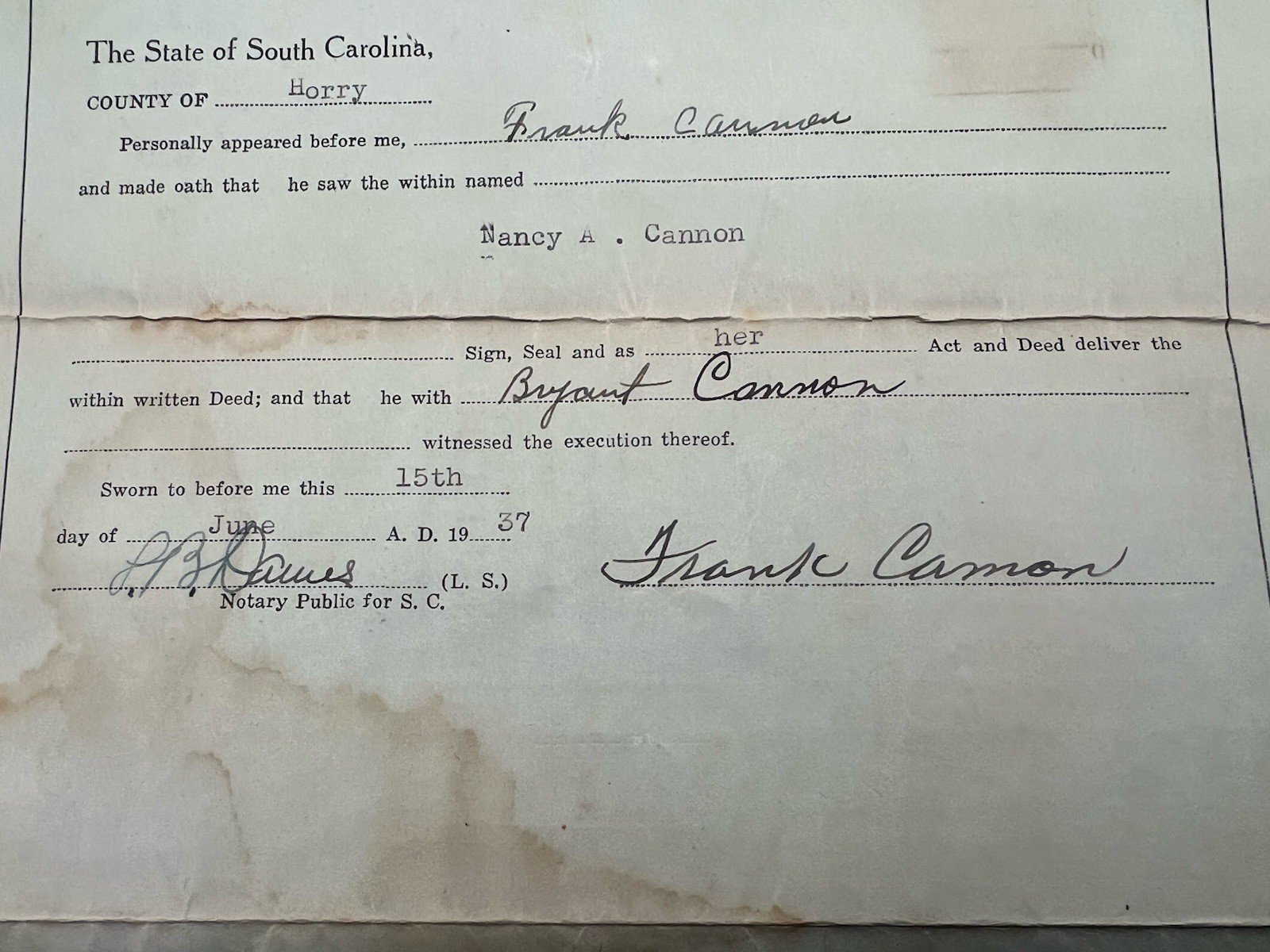 1937 Horry County SC Land Deed Nancy Cannon to Ella Watts 80 Acres # 1155 photo 7