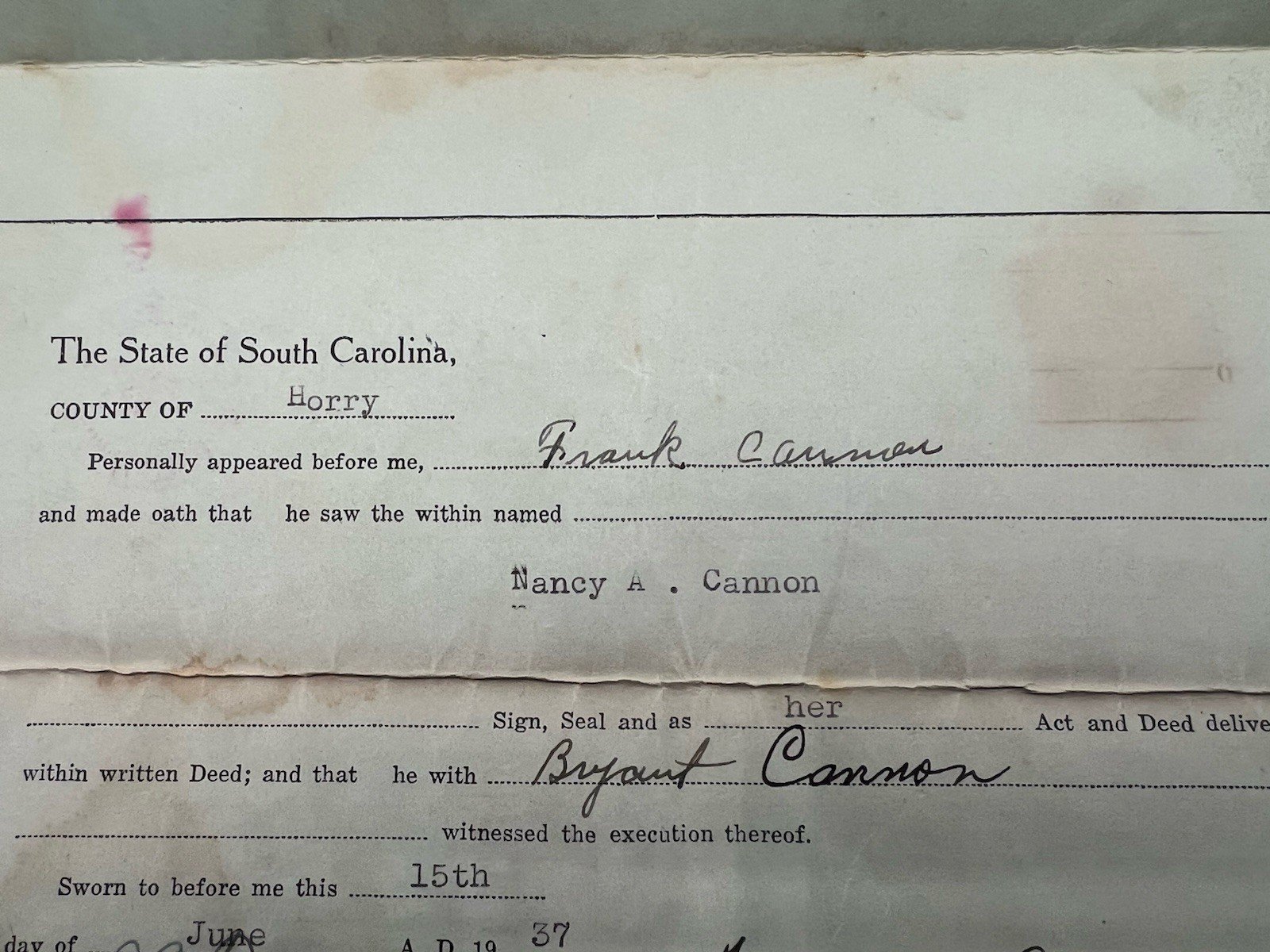 1937 Horry County SC Land Deed Nancy Cannon to Ella Watts 80 Acres # 1155 photo 8