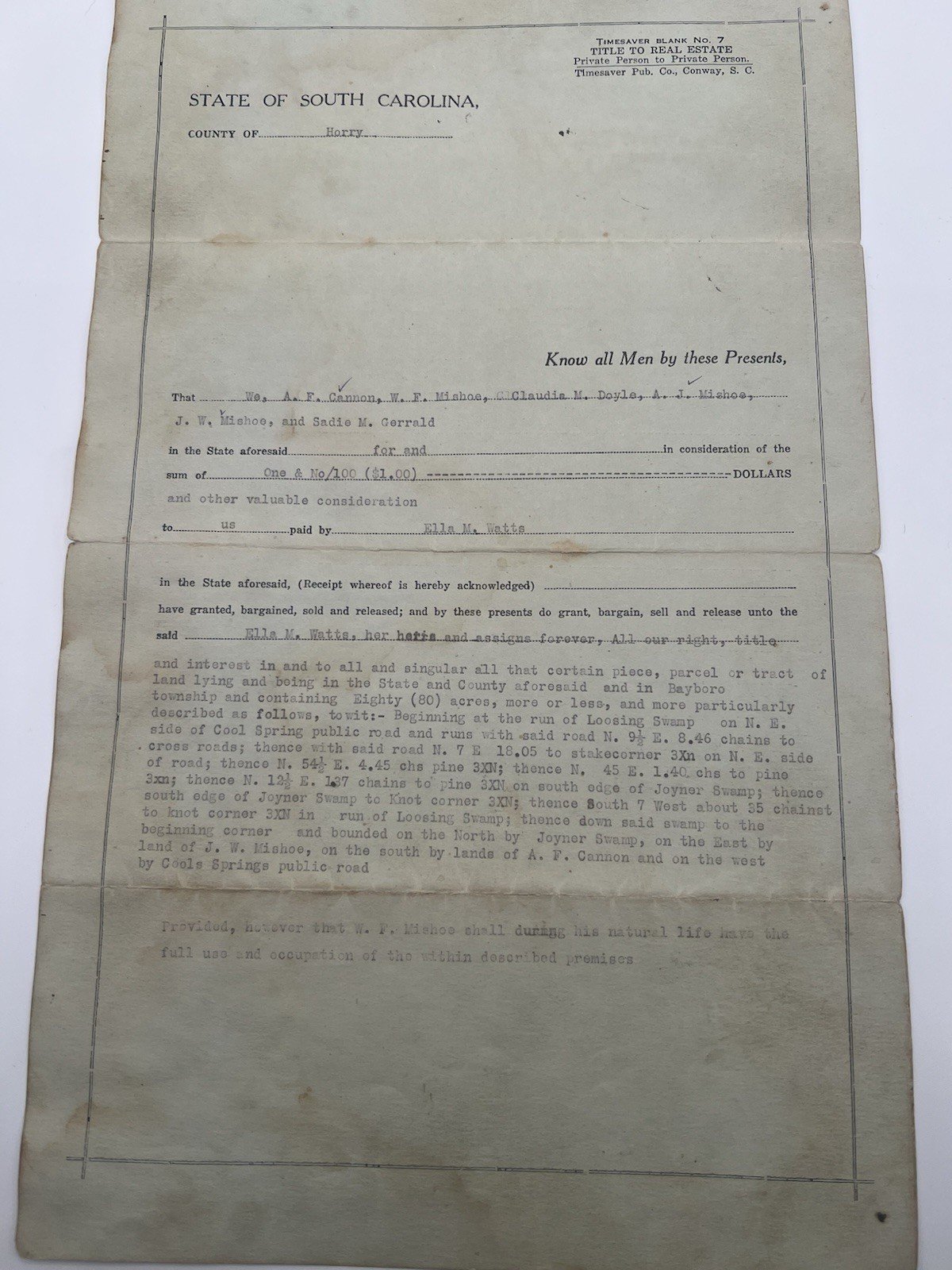 1928 Horry County SC Deed M.F. Mishoe to Ella Watts 80 Acre Tract # 1156