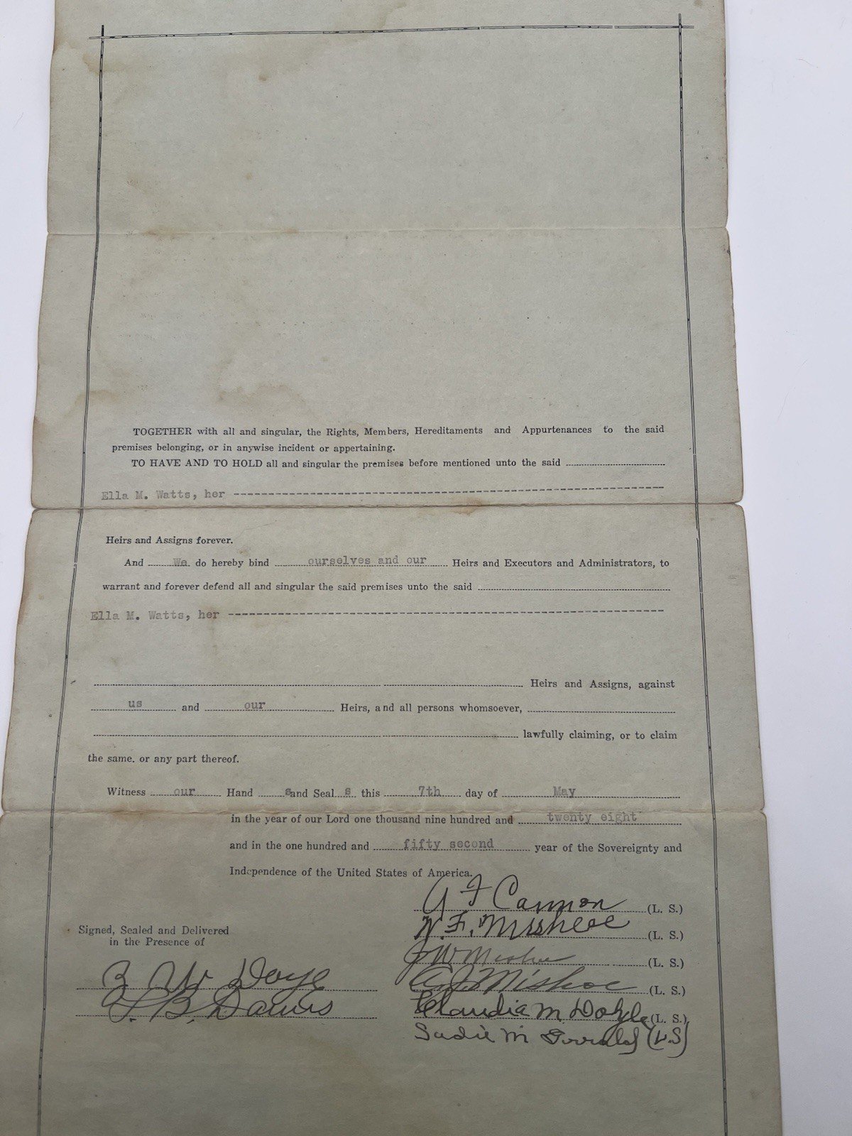 1928 Horry County SC Deed M.F. Mishoe to Ella Watts 80 Acre Tract # 1156 photo 2