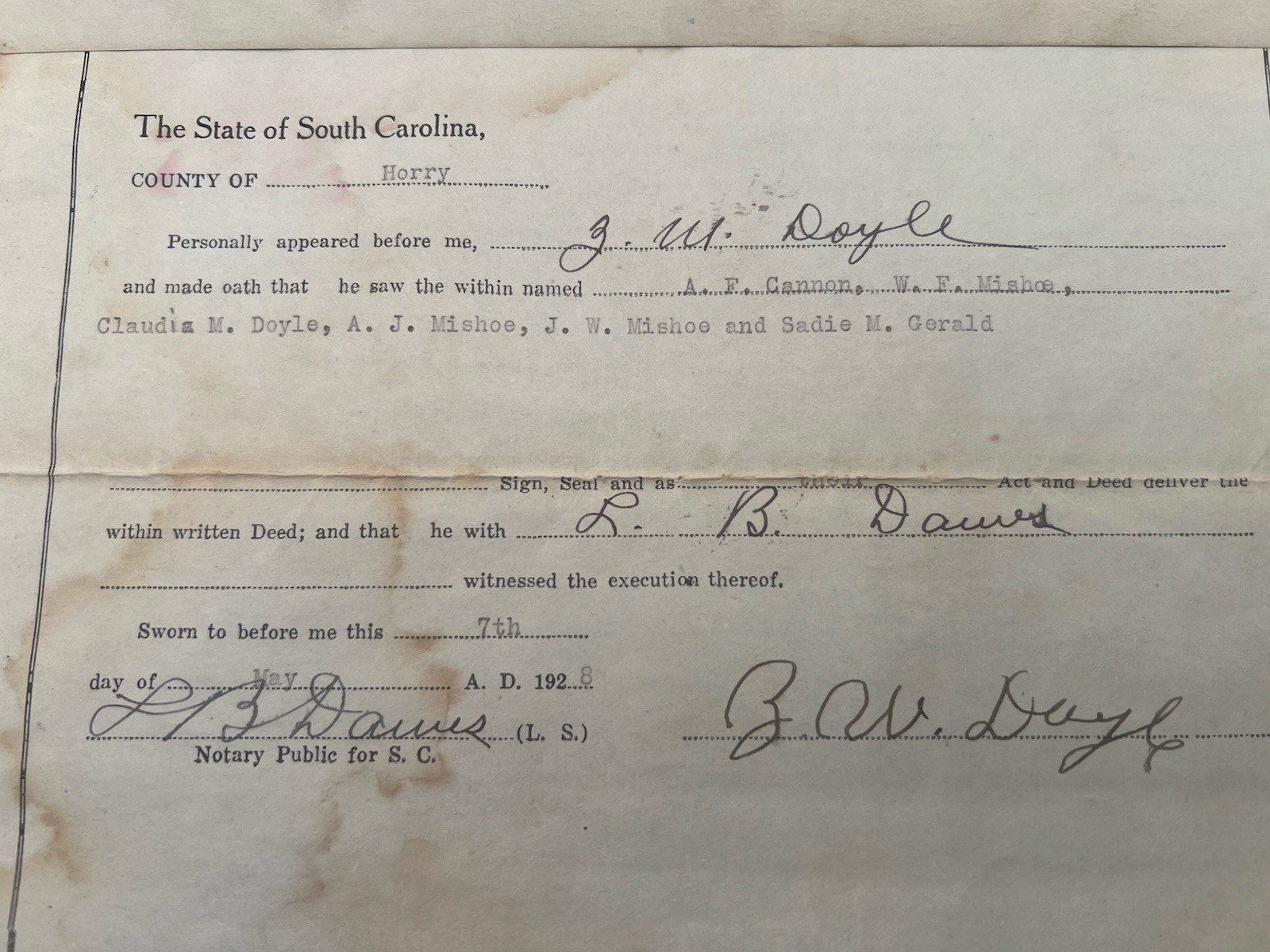 1928 Horry County SC Deed M.F. Mishoe to Ella Watts 80 Acre Tract # 1156 photo 6