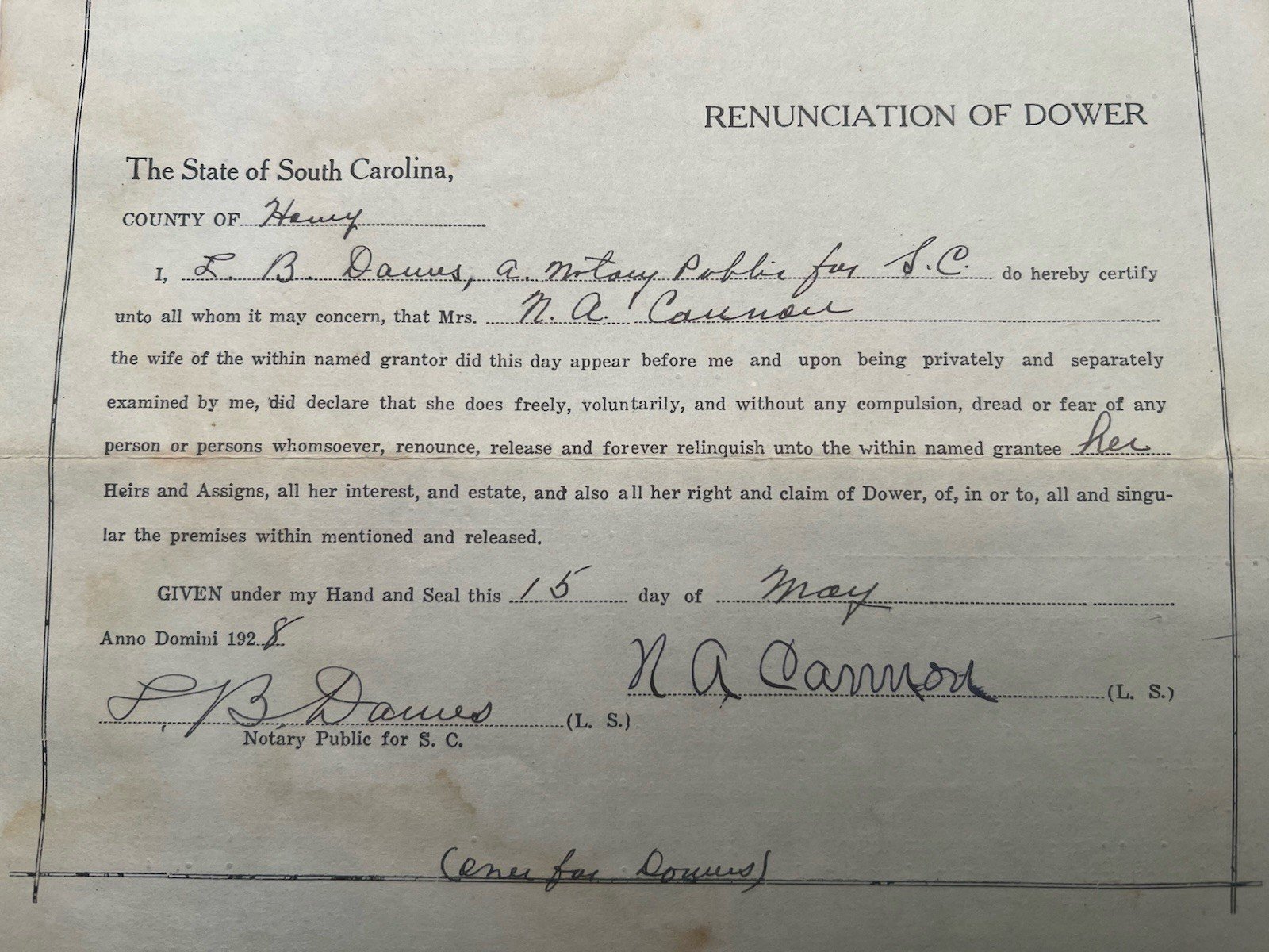 1928 Horry County SC Deed M.F. Mishoe to Ella Watts 80 Acre Tract # 1156 photo 7
