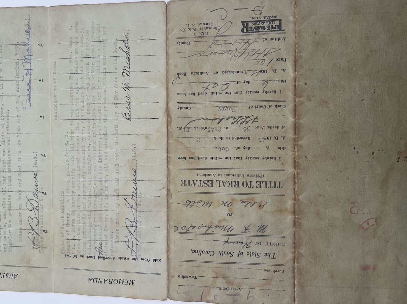 1928 Horry County SC Deed M.F. Mishoe to Ella Watts 80 Acre Tract # 1156 photo 8