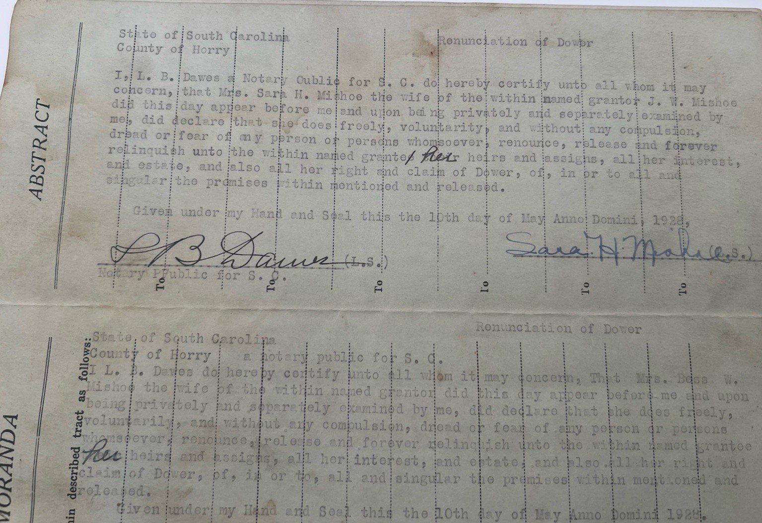 1928 Horry County SC Deed M.F. Mishoe to Ella Watts 80 Acre Tract # 1156 photo 9