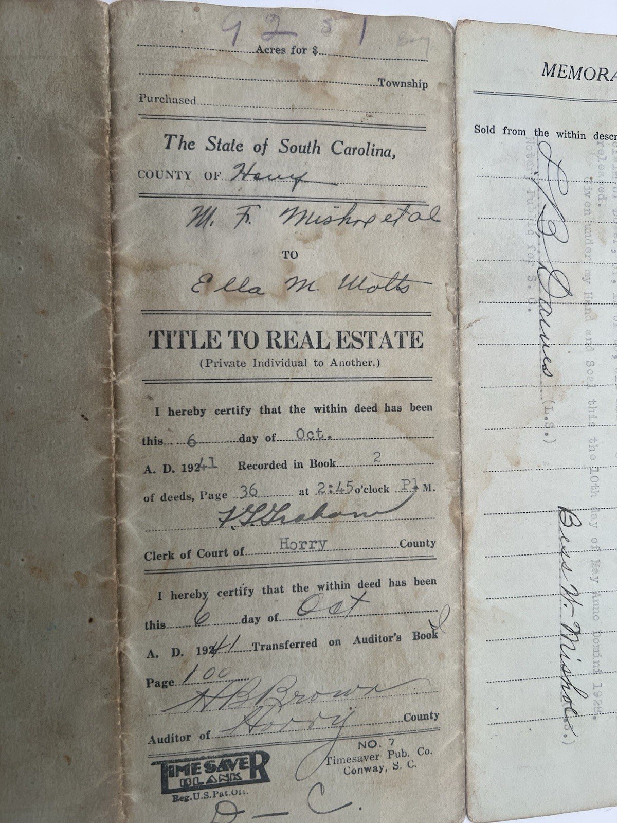 1928 Horry County SC Deed M.F. Mishoe to Ella Watts 80 Acre Tract # 1156 photo 11