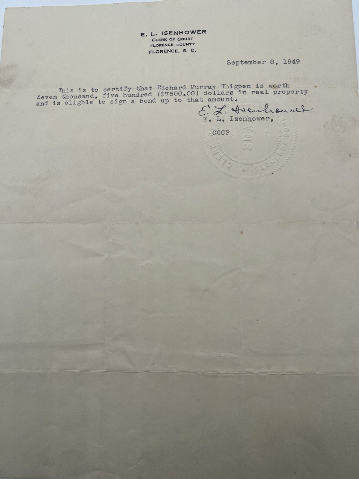 1949 Florence County SC Court Bond Certificate Richard Thigpen Signed Seal #1157