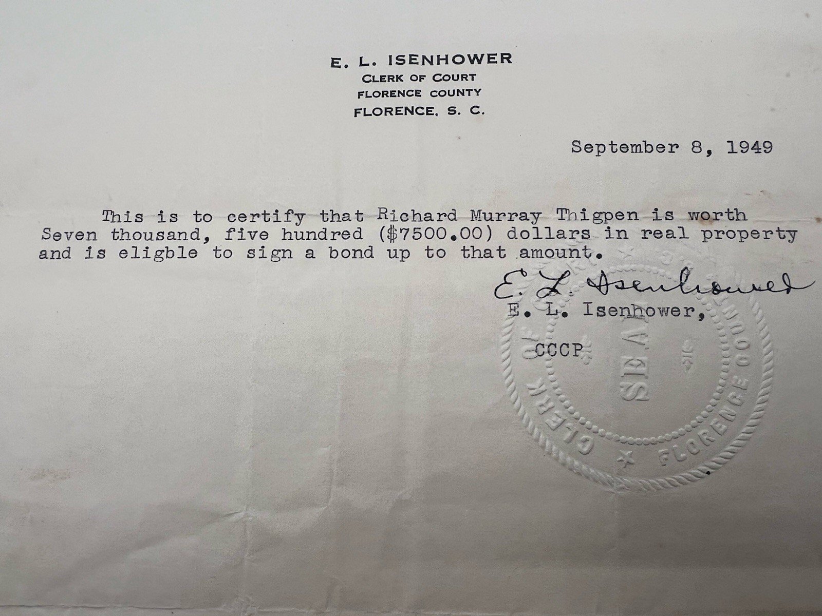 1949 Florence County SC Court Bond Certificate Richard Thigpen Signed Seal #1157 photo 2