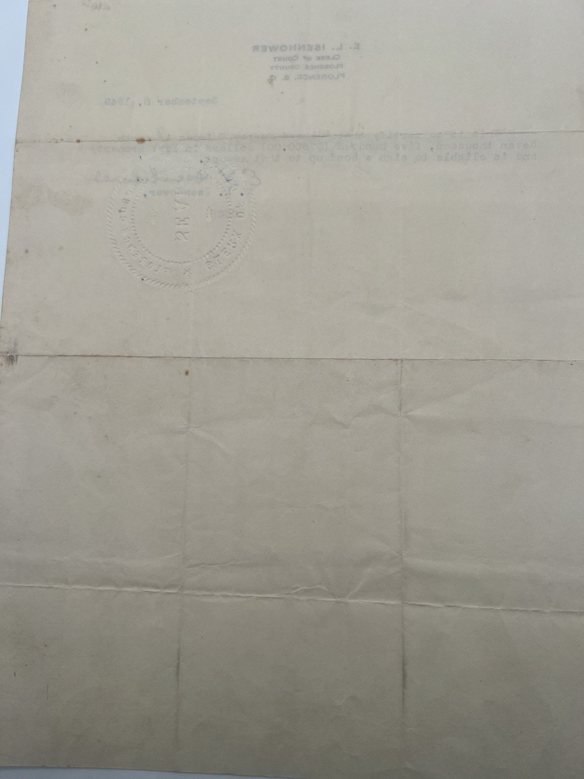 1949 Florence County SC Court Bond Certificate Richard Thigpen Signed Seal #1157 photo 4