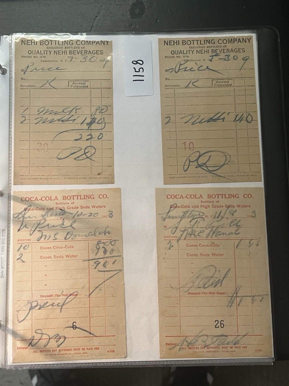 1920s Coca-Cola Nehi Bottling Co Receipt Lot Lumberton NC Soda Ephemera # 1158