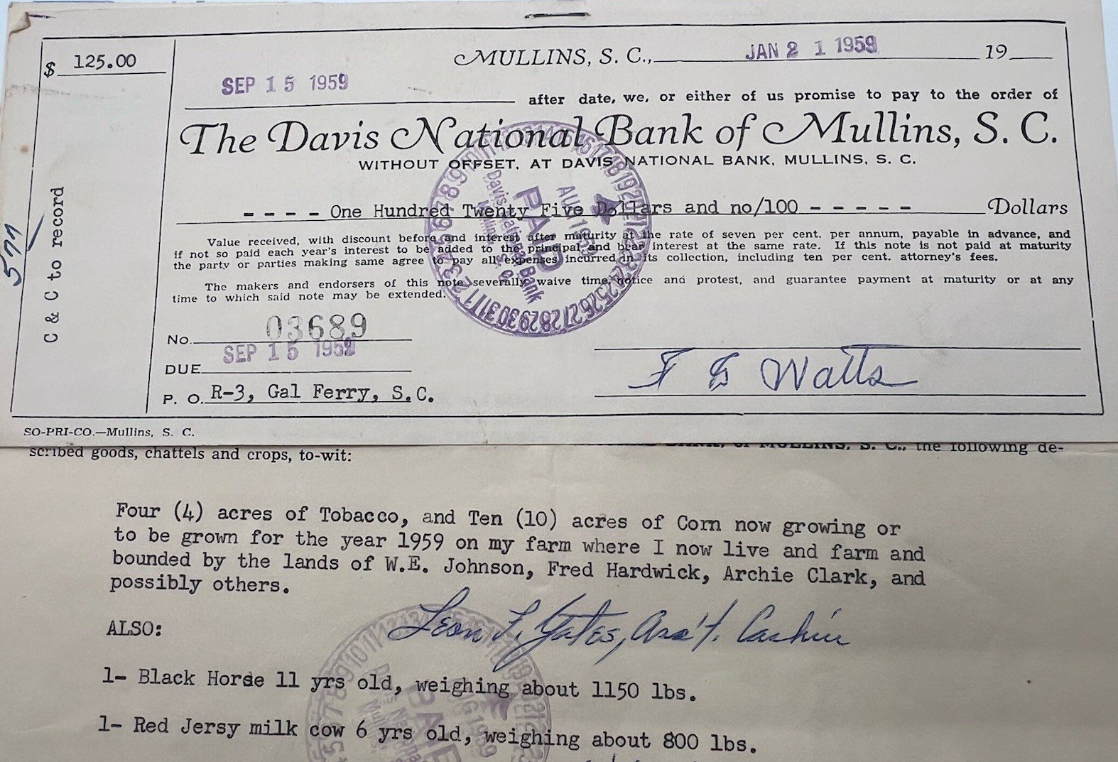 1959 Horry County SC Chattel Crop Mortgage Davis Bank F.G. Watts # 1159 photo 2