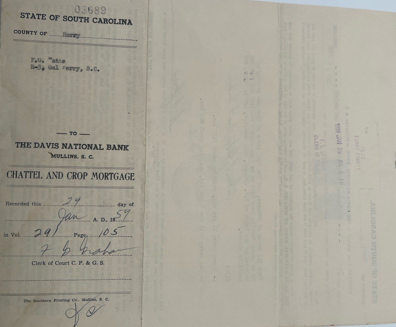 1959 Horry County SC Chattel Crop Mortgage Davis Bank F.G. Watts # 1159 photo 6